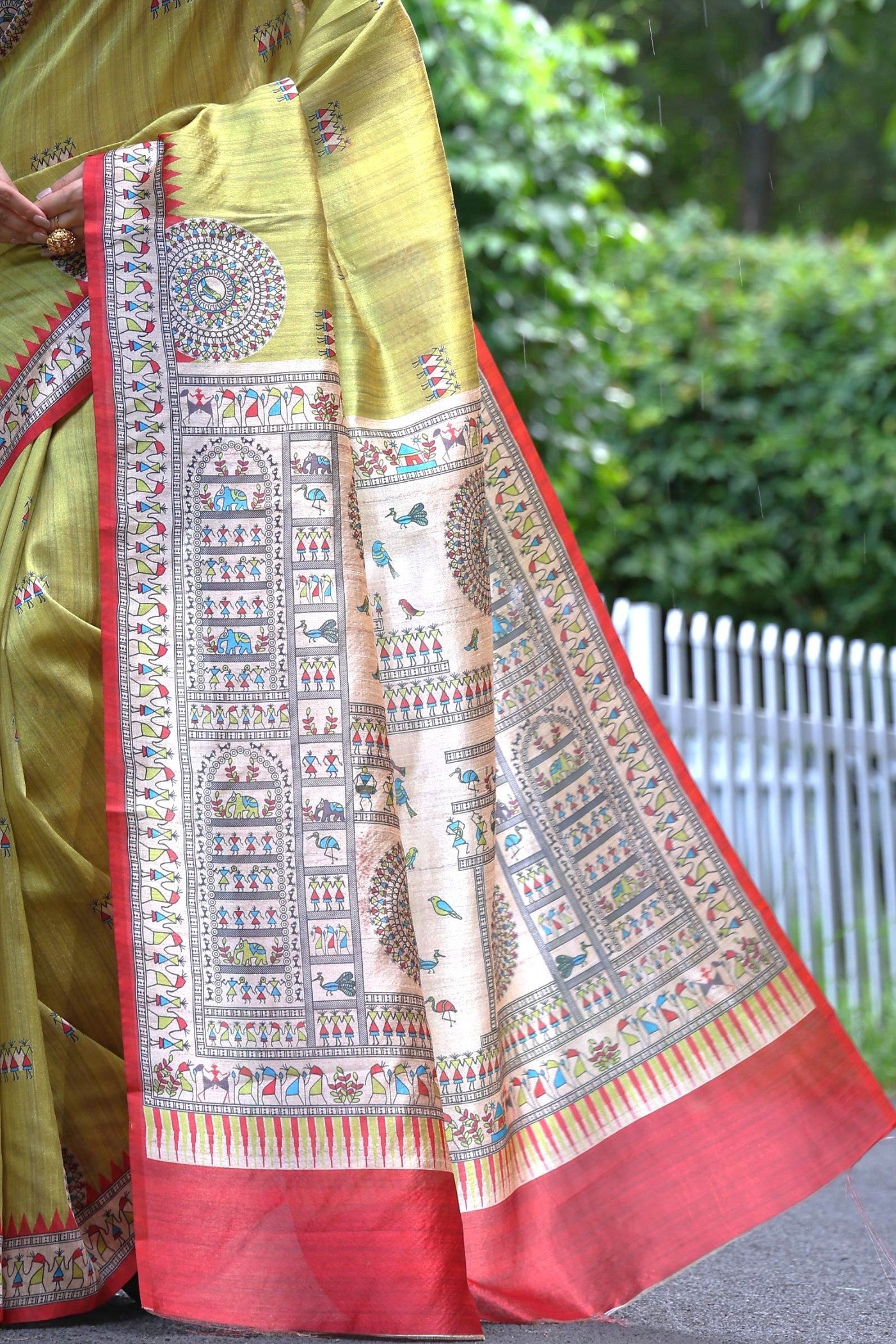 Buy MySilkLove Light Green Madhubani Tussar Printed Silk Saree Online