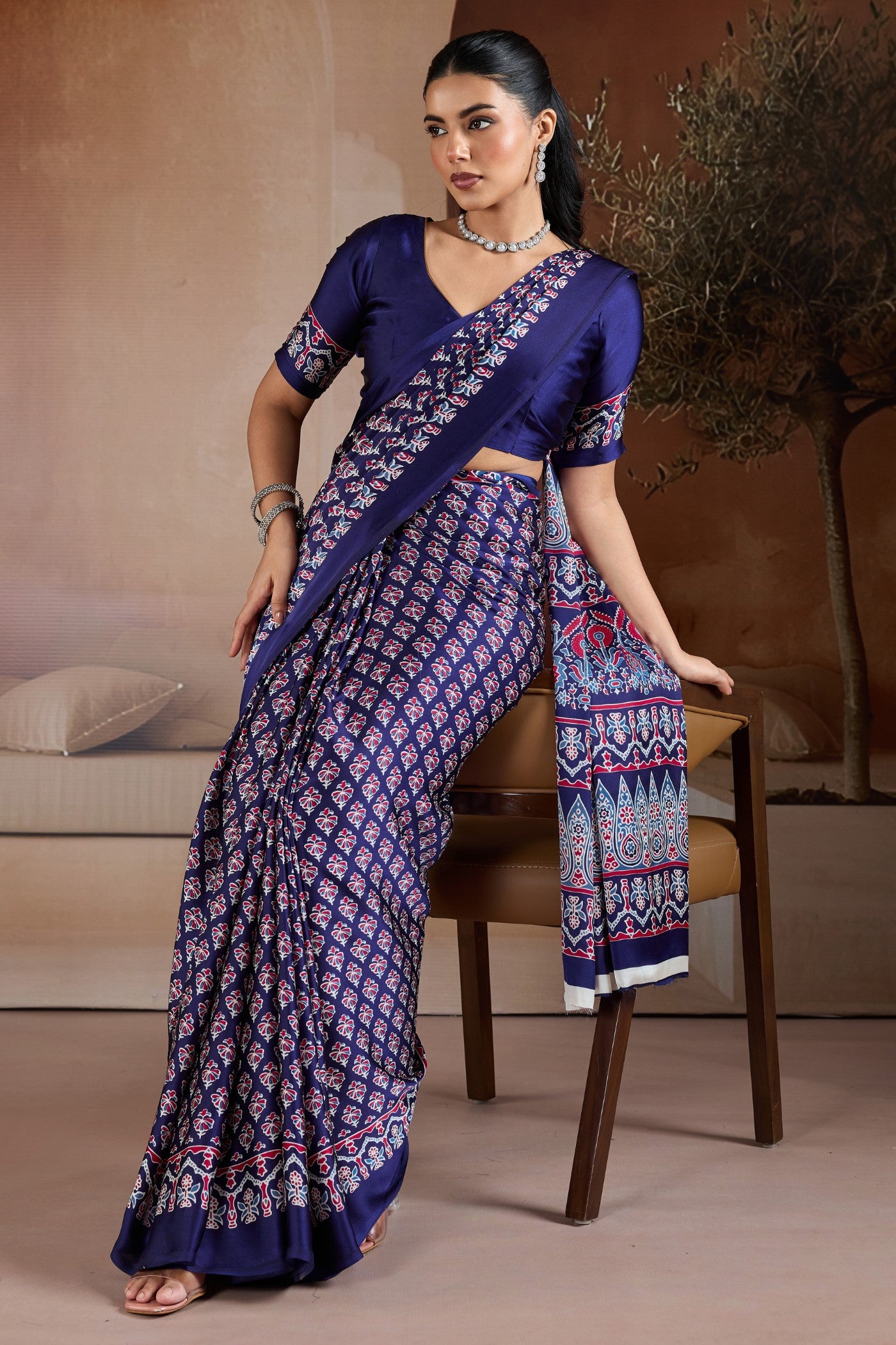 Buy MySilkLove Navy Blue Ajrakh Printed Satin Crepe Silk Saree Online