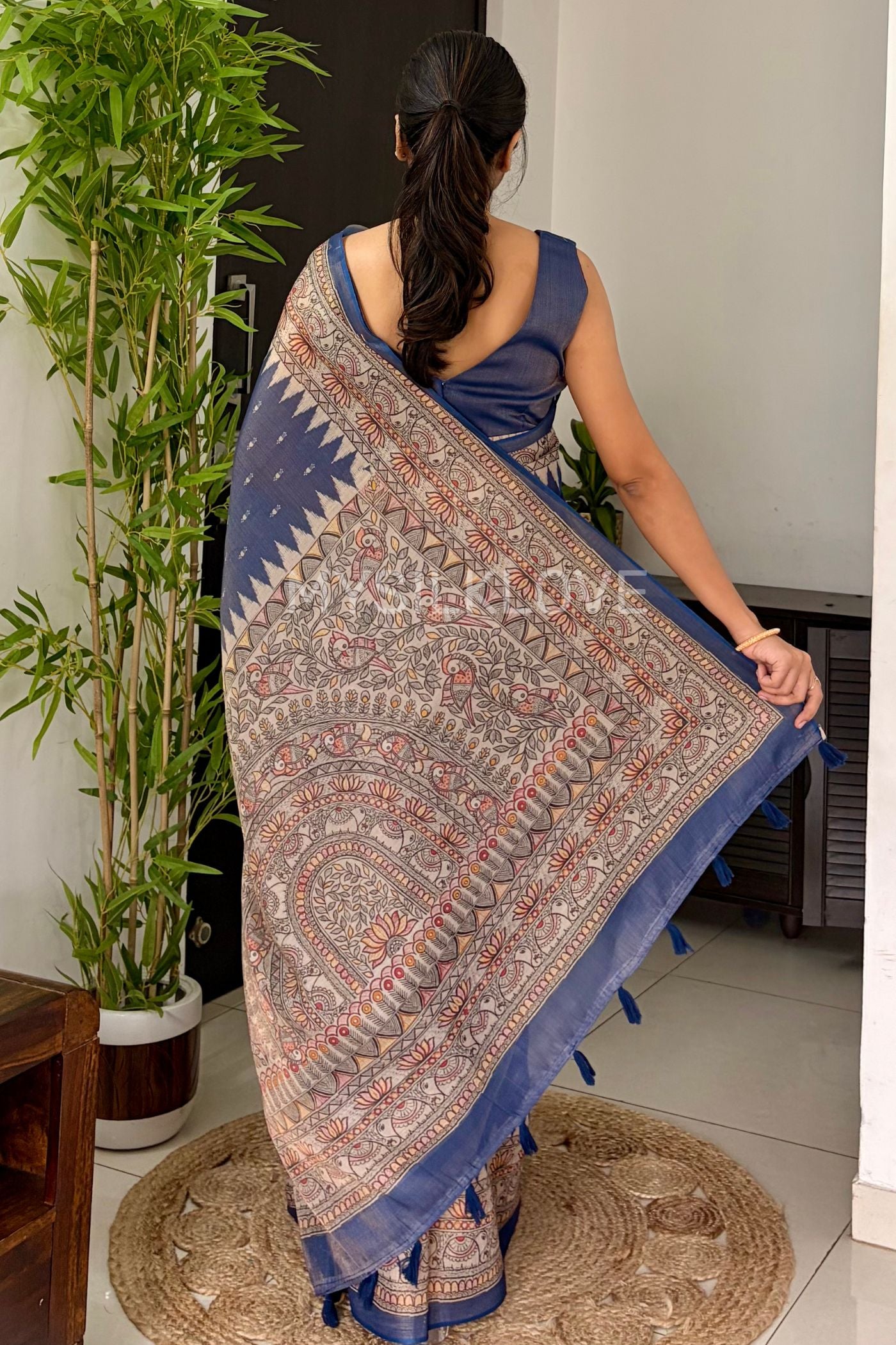 Buy MySilkLove Blue Kalmakari Linen Cotton Printed Saree Online