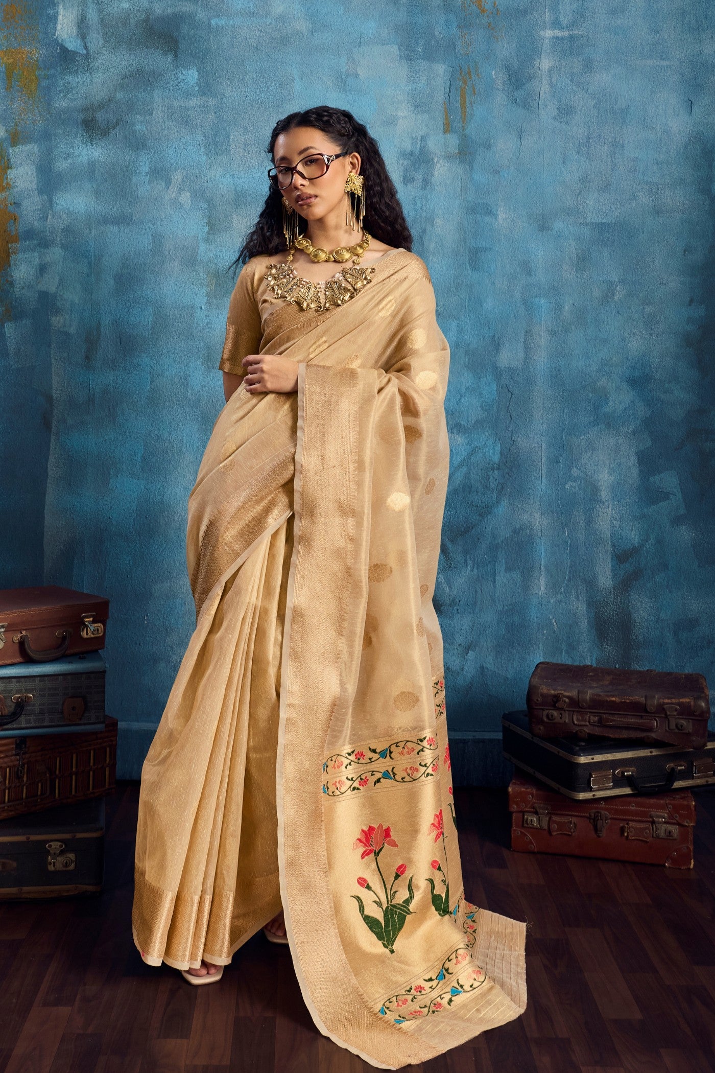 Buy MySilkLove Pastel Cream Zari Woven Tissue Paithani Saree Online