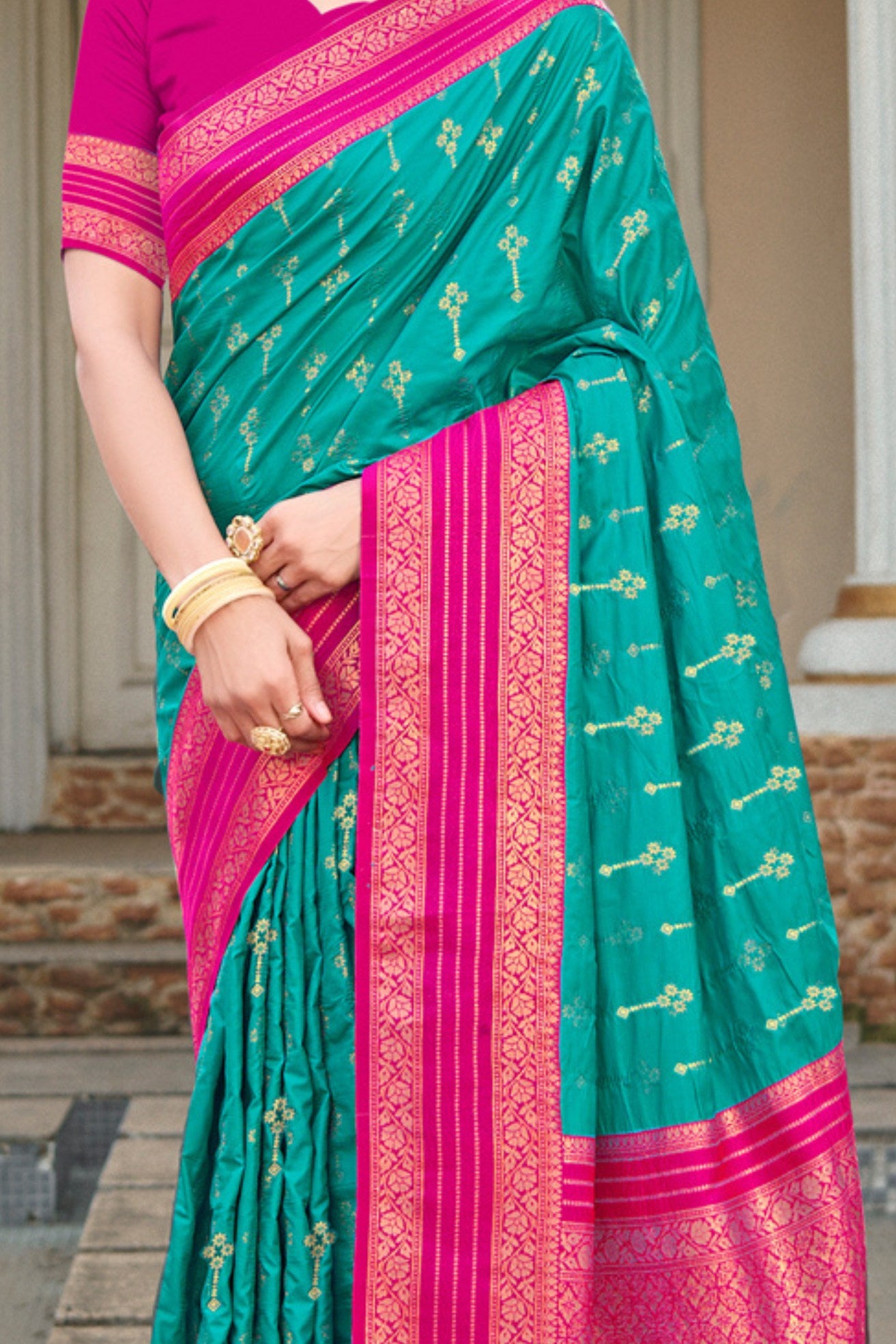 MySilkLove Teal Blue and Pink Woven Banarasi Saree