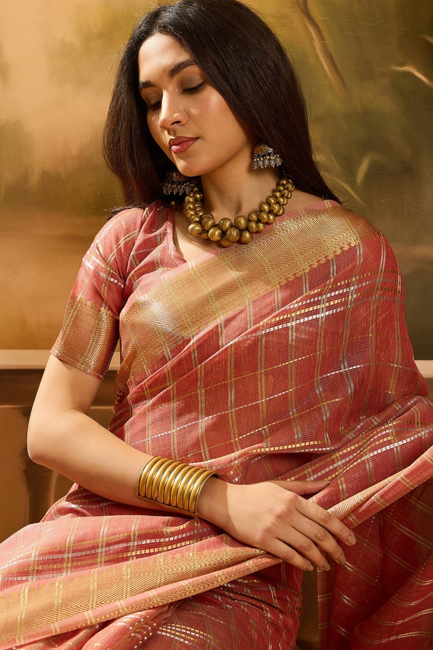 MySilkLove Rust Peach Woven Organza Saree