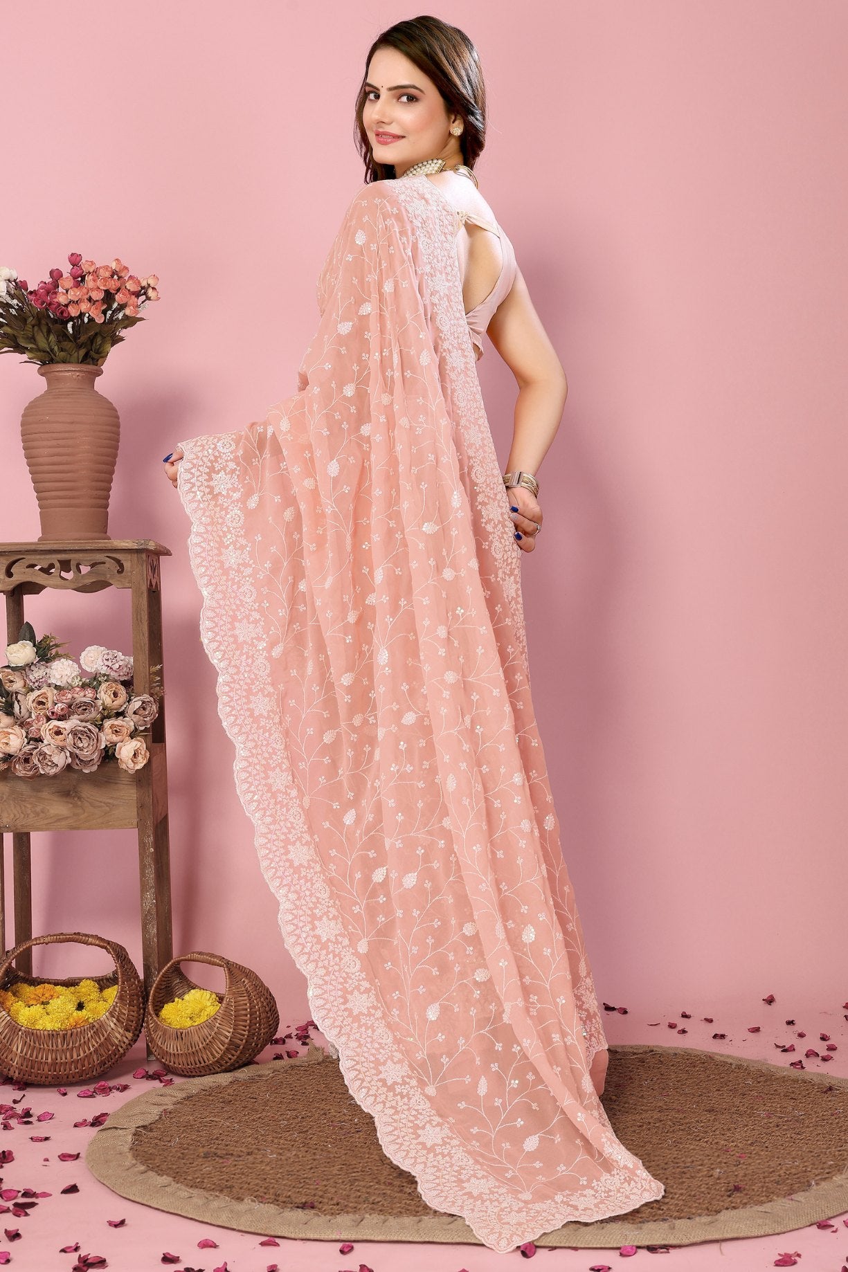 Buy MySilkLove Melon Peach Georgette Embroidered Silk Saree Online