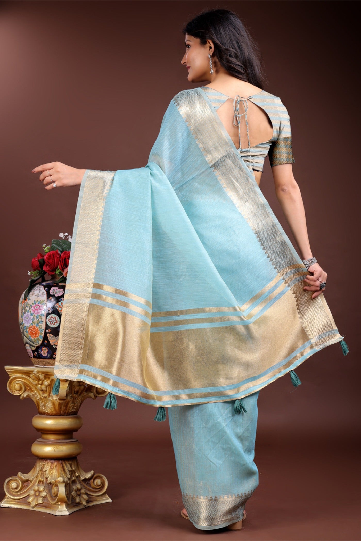 Buy MySilkLove Stone Blue Woven Cotton Saree Online
