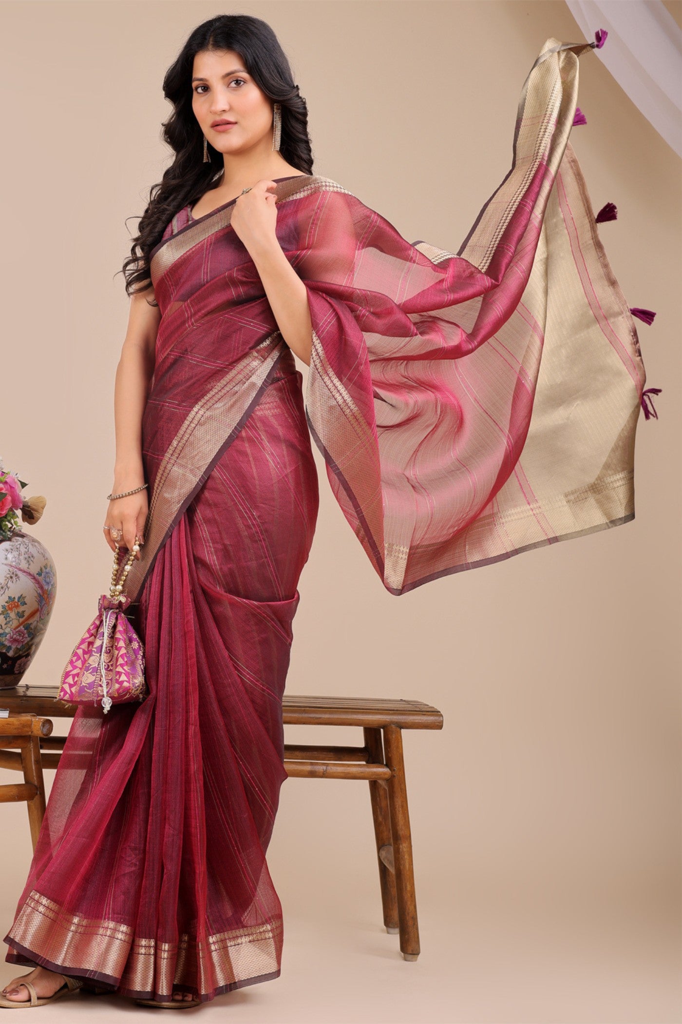 Buy MySilkLove Burgundy Maroon Woven Organza Saree Online