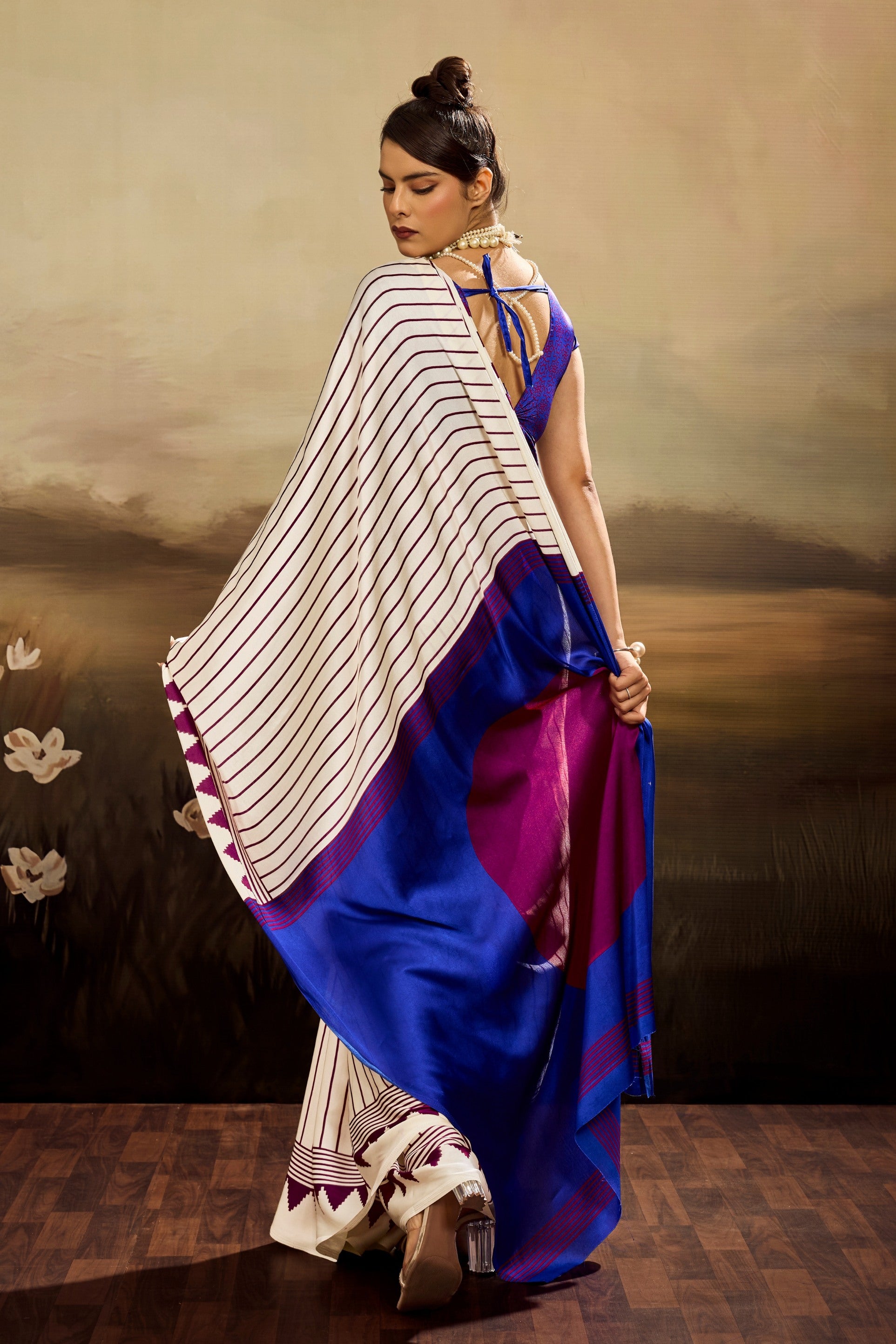 Buy MySilkLove Snow White Ajrakh Printed Satin Crepe Silk Saree Online