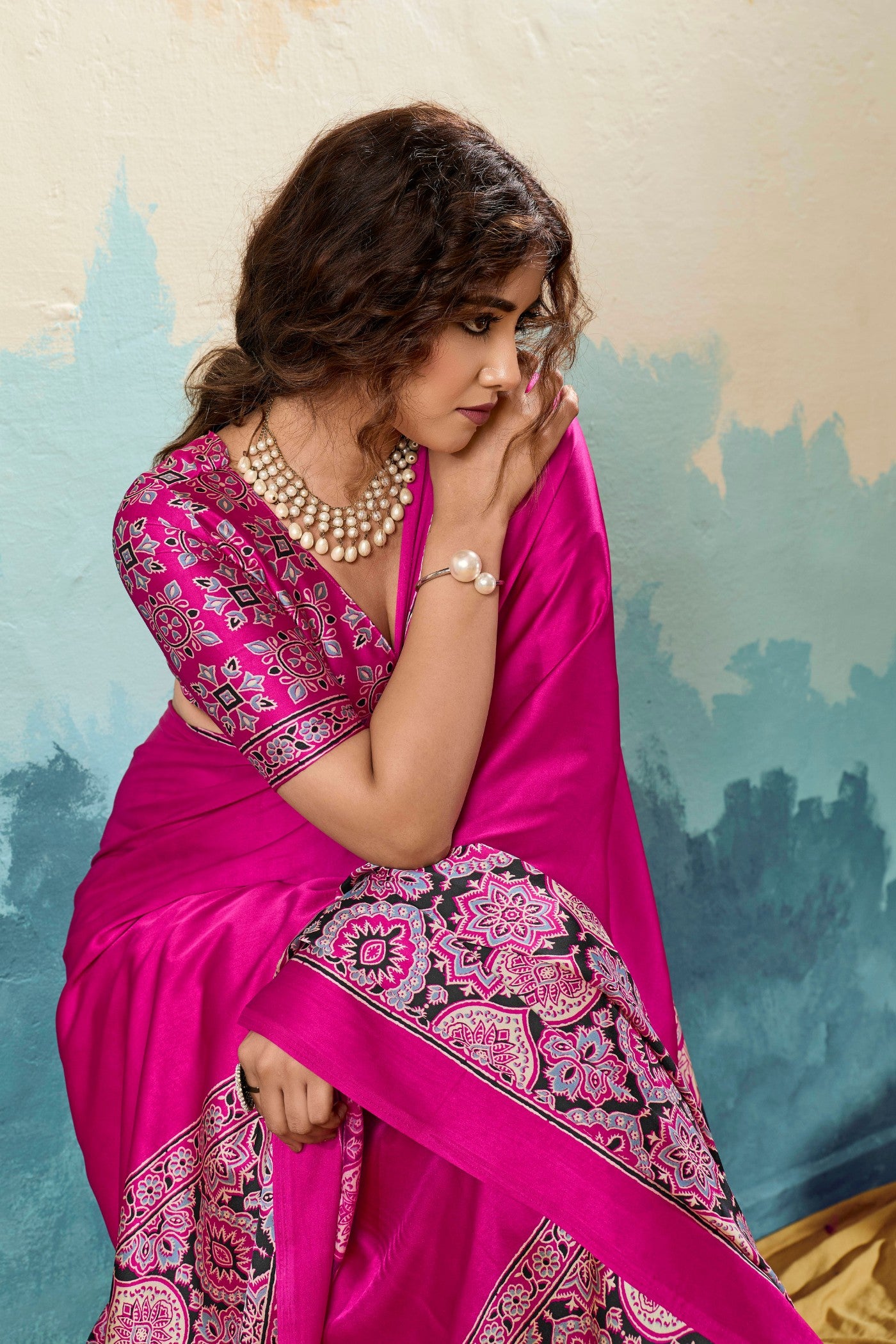 Buy MySilkLove Bubblegum Pink Modal Ajrakh Satin Printed Silk Saree Online