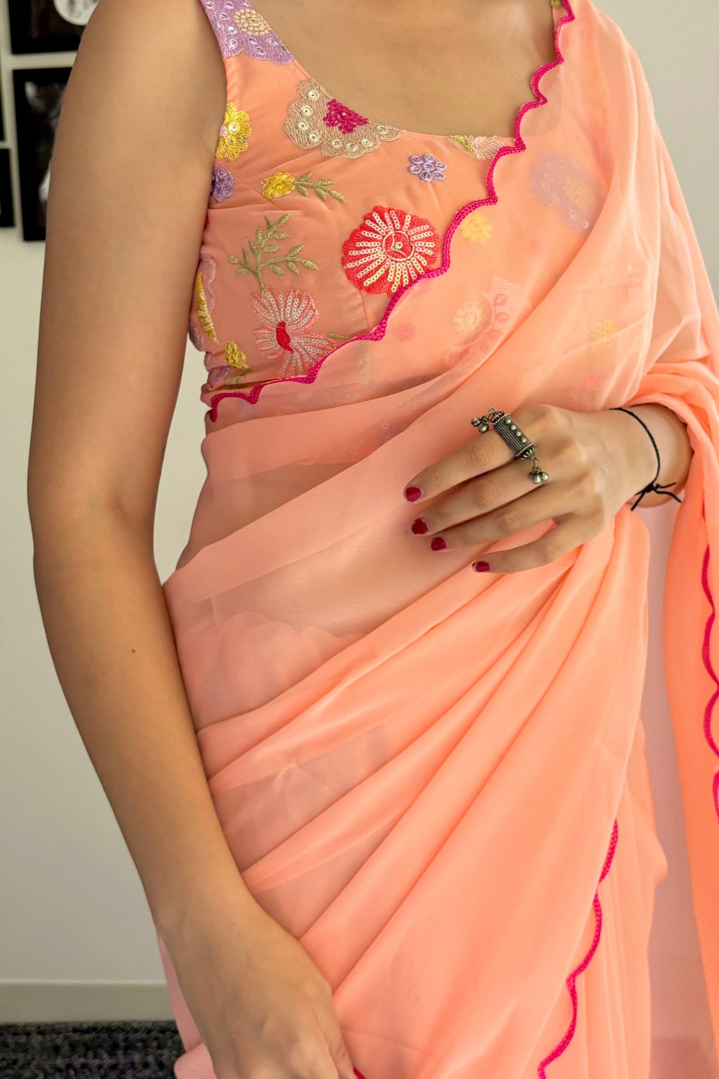 Buy MySilkLove Blushing Peach Gerogette Saree Online