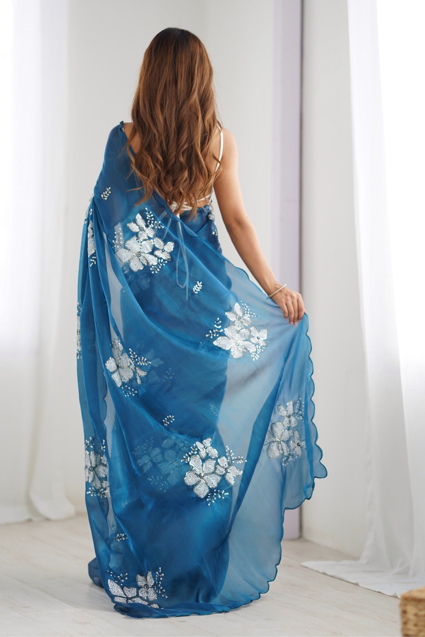 Buy MySilkLove Slate Blue Floral Partywear Saree Online