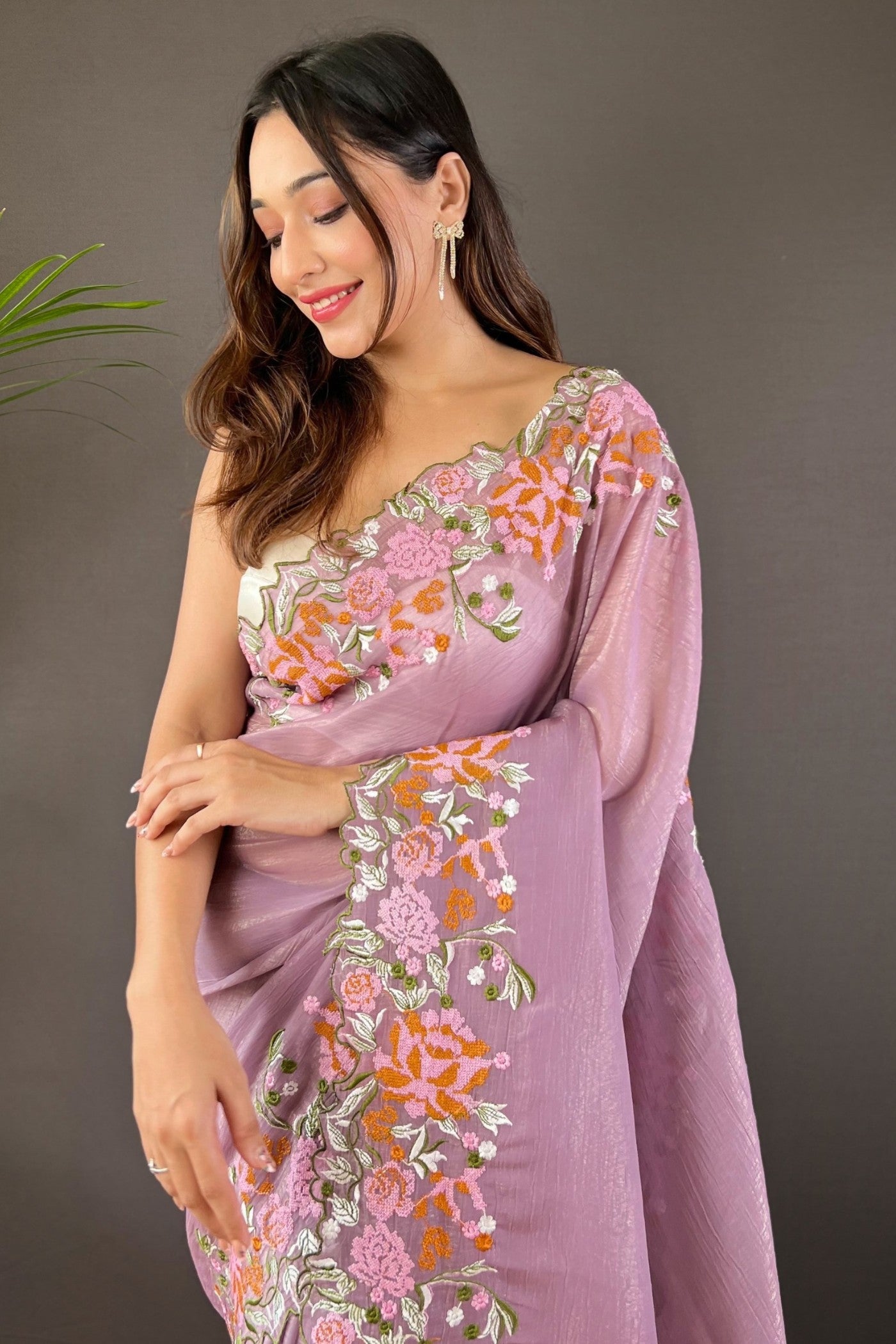 Buy MySilkLove Wisteria Purple Embroidered Party Wear Saree Online