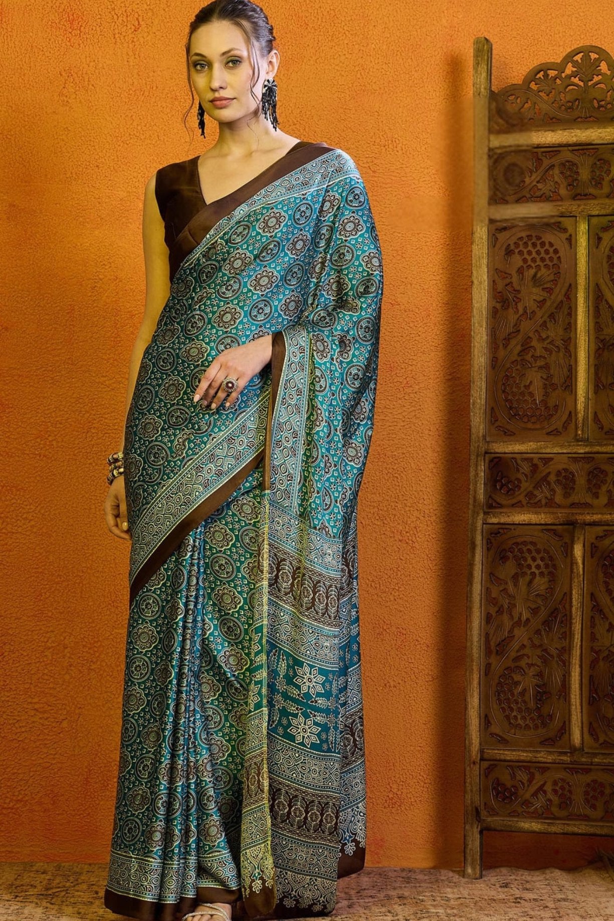 Buy MySilkLove Cutty Sark Blue Printed Ajrakh Satin Crepe Saree Online