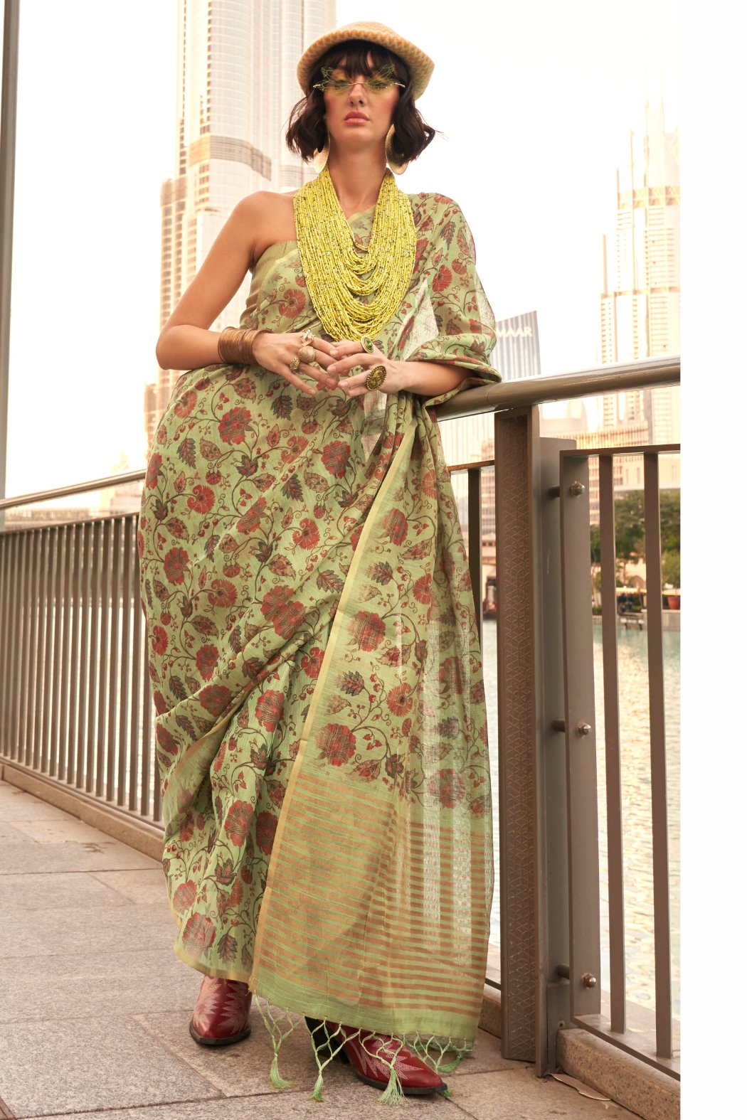 MySilkLove French Green Printed Tissue Saree