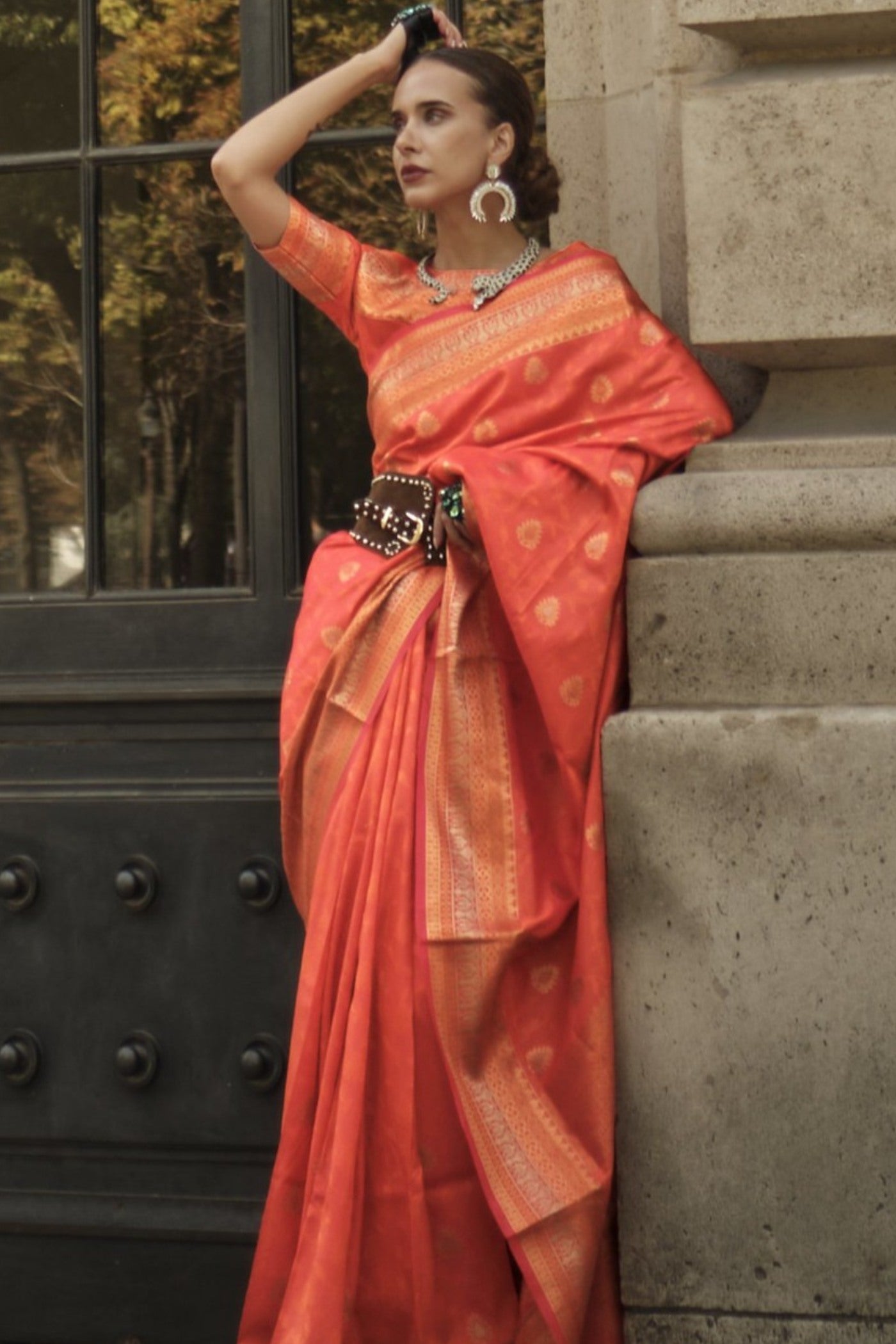 Buy MySilkLove Orange Carrot Banarasi Handloom Saree Online