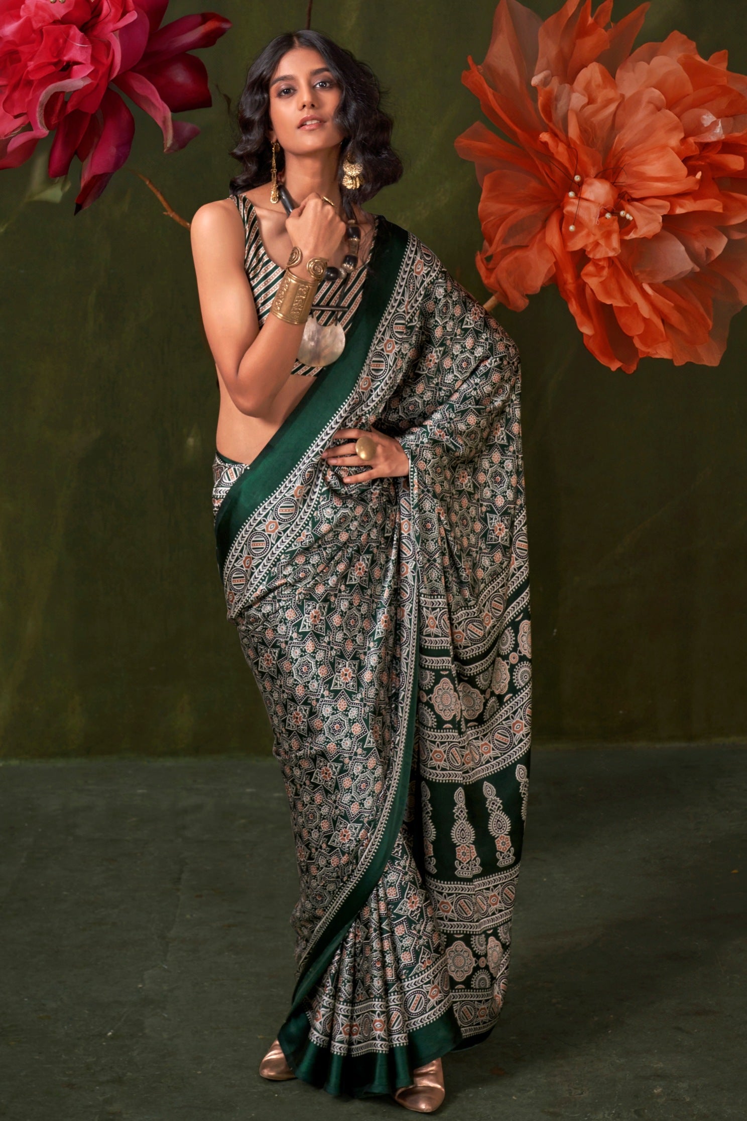 Buy MySilkLove Hunter Green Ajrakh Printed Satin Crepe Silk Saree Online