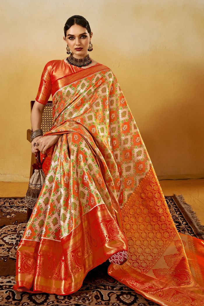 Buy MySilkLove Porsche Orange Woven Kanjivaram Saree Online