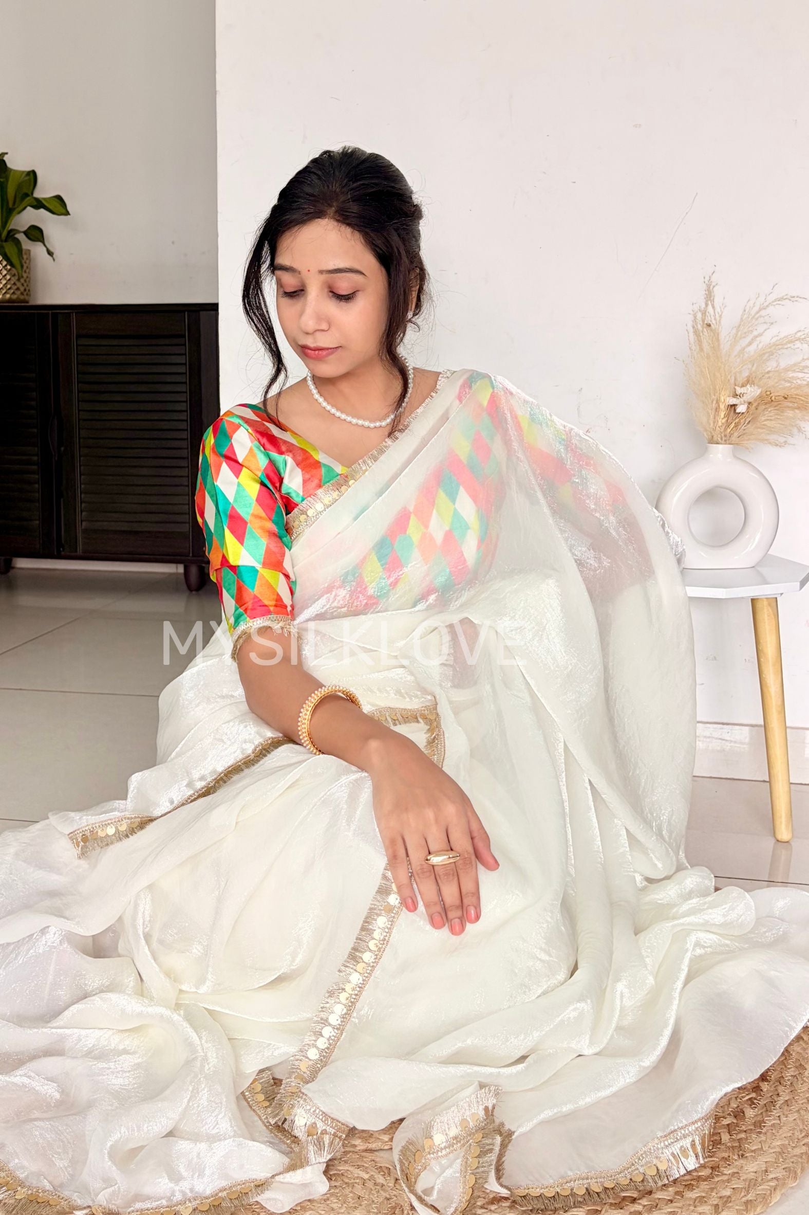 Buy MySilkLove Alabaster White Fancy Tissue Lace Saree With Printed Blouse Online
