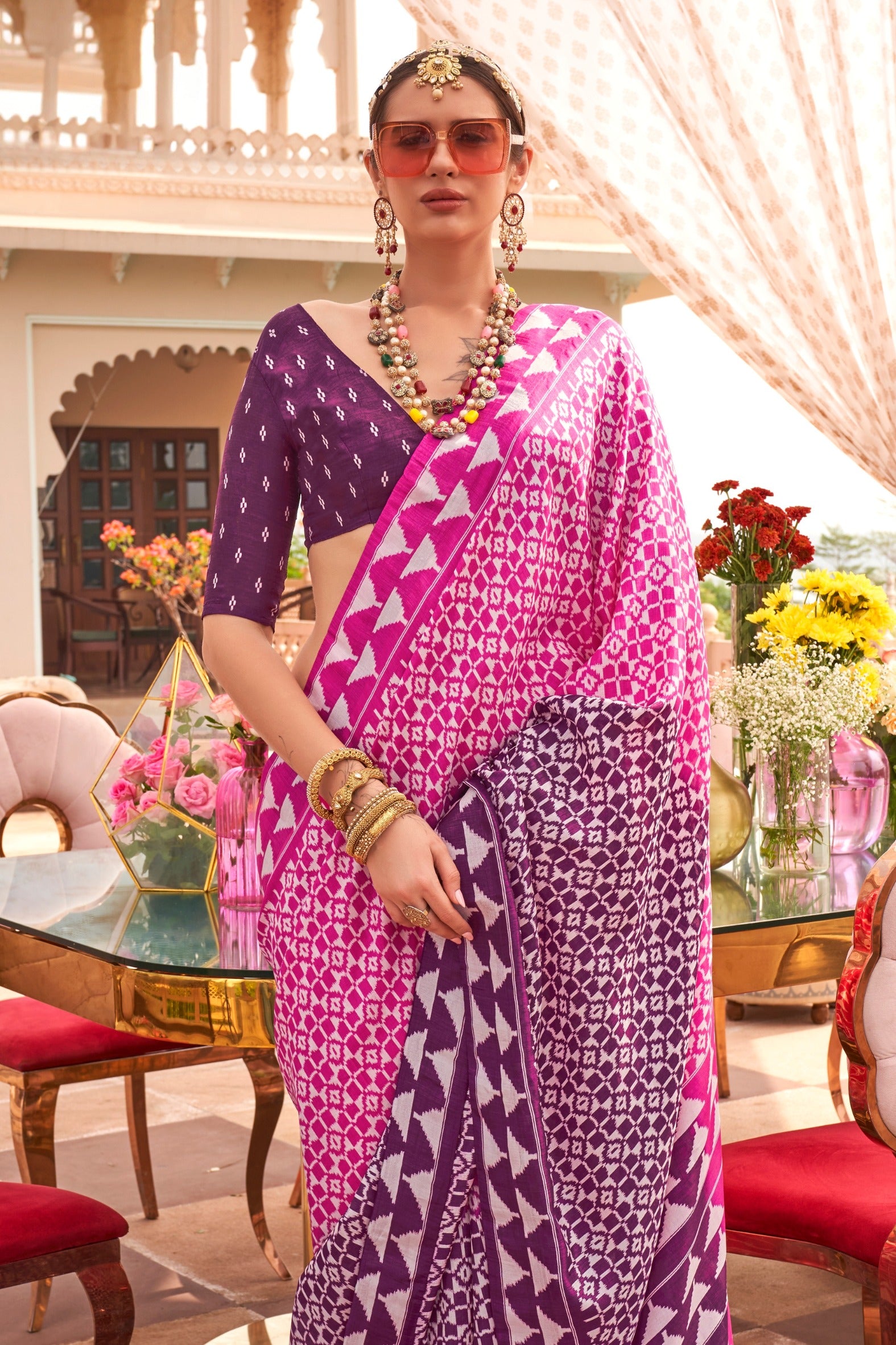 Buy MySilkLove Melon Pink and Purple Printed Patola Saree Online