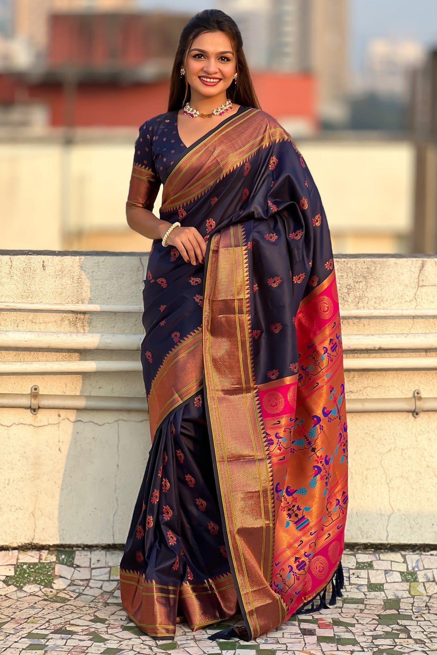 Buy MySilkLove Vulcan Blue Zari Woven Nath Paithani Saree Online