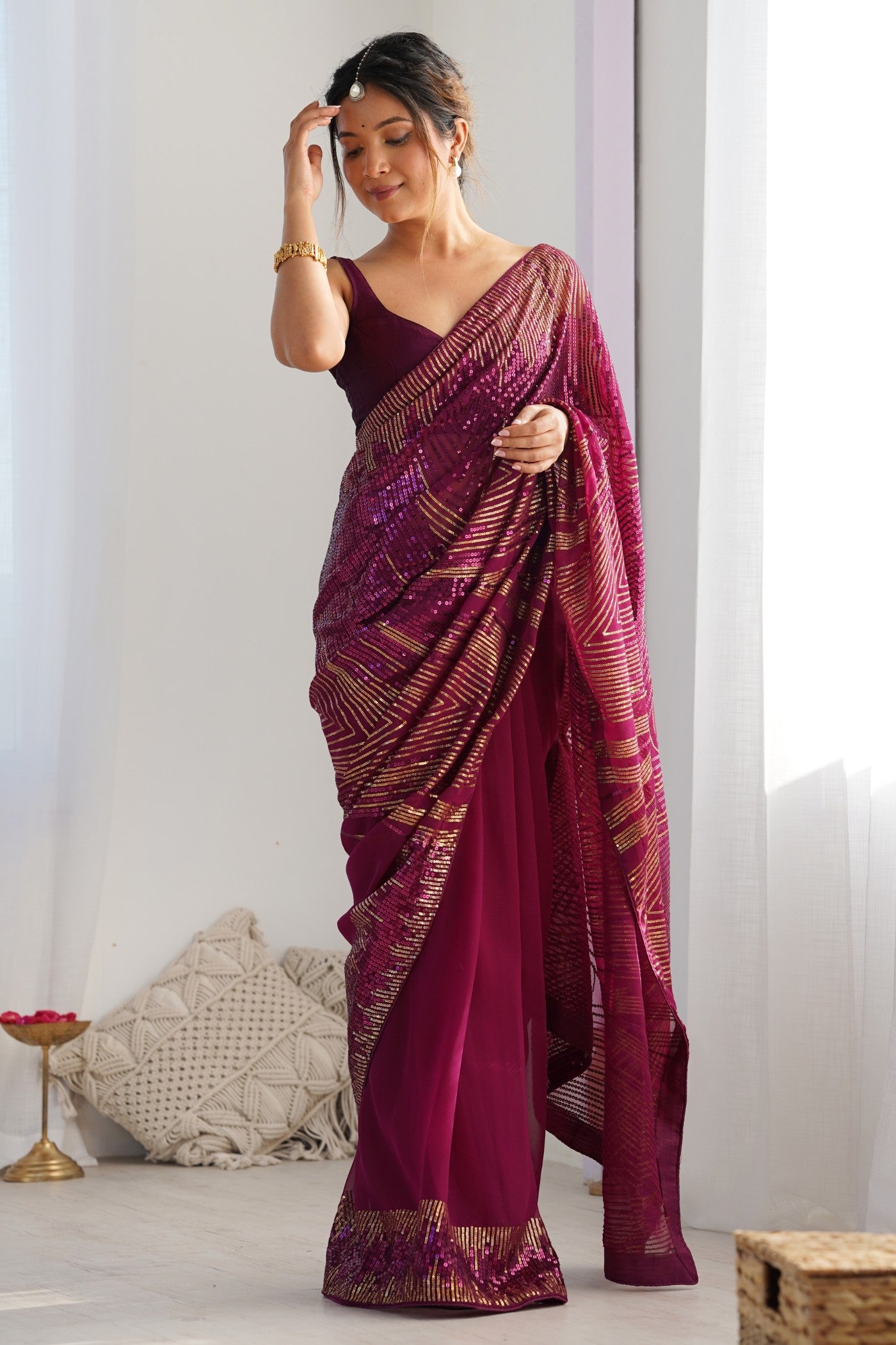 Buy MySilkLove Wine Purple Georgette Partywear Saree Online