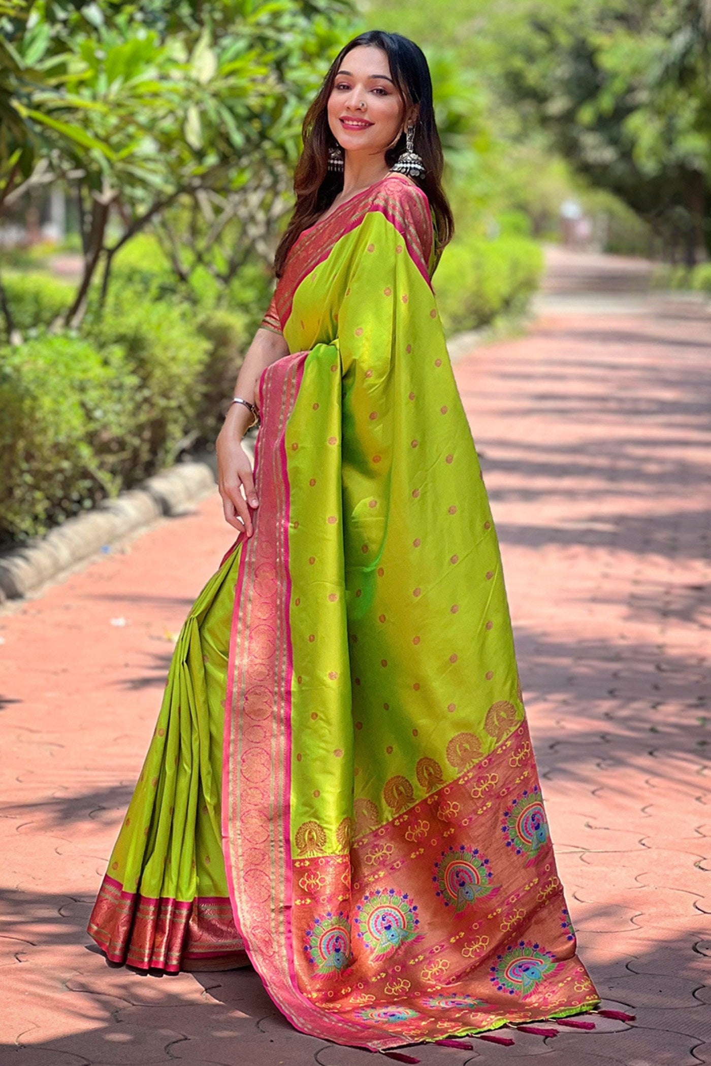 Buy MySilkLove Parrot Green Zari Woven Paithani Saree Online