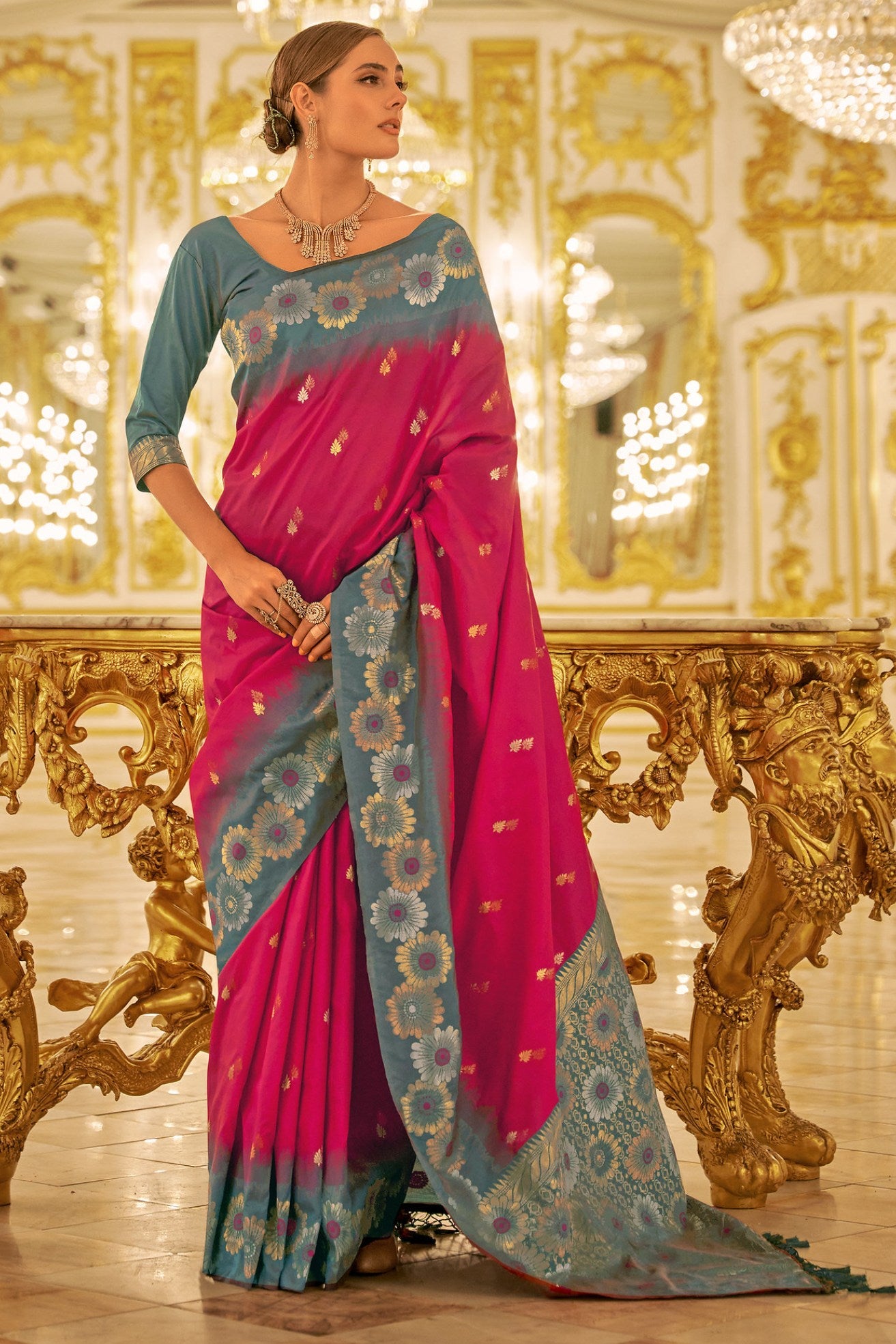 Buy MySilkLove Dingy Dungeon Pink Woven Banarasi Saree Online