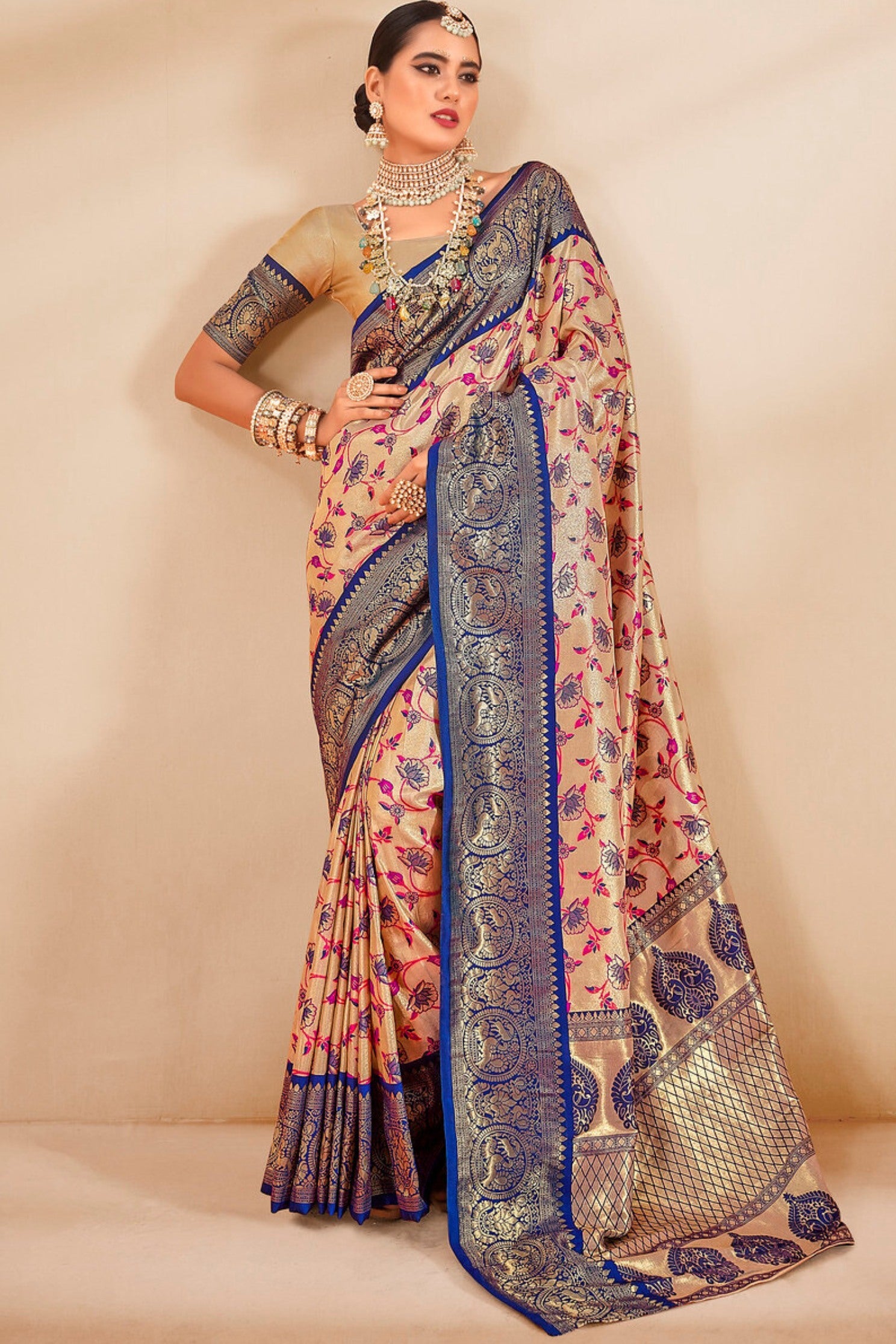 Buy MySilkLove Barley Cream and Blue Zari Woven Banarasi Saree Online