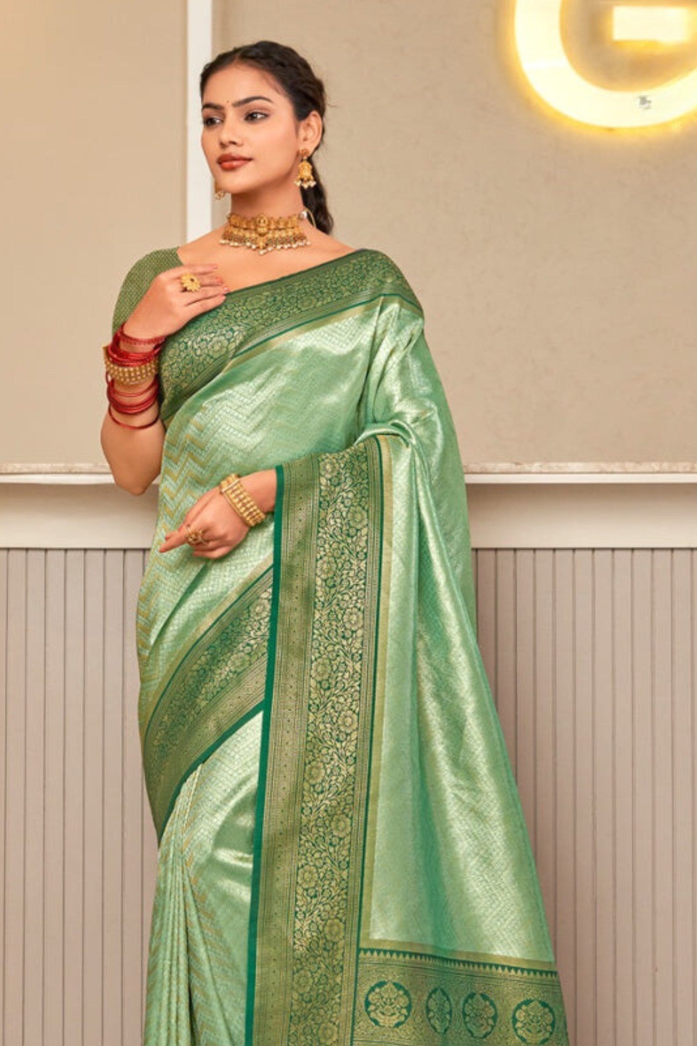 MySilkLove Shimmer Green Zari Woven Kanjivaram Saree