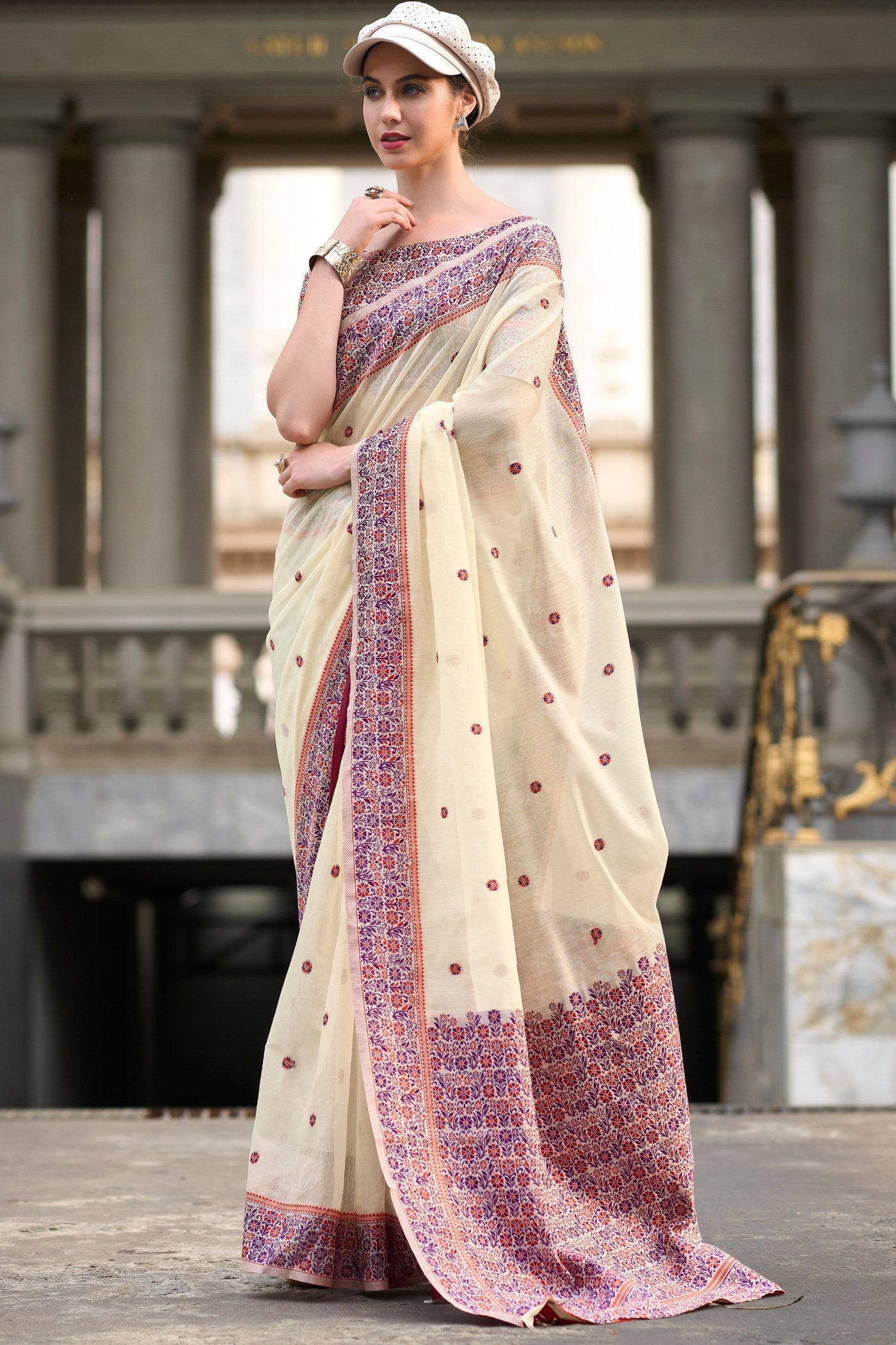 Buy MySilkLove Almond Cream Handloom Linen Cotton Saree Online