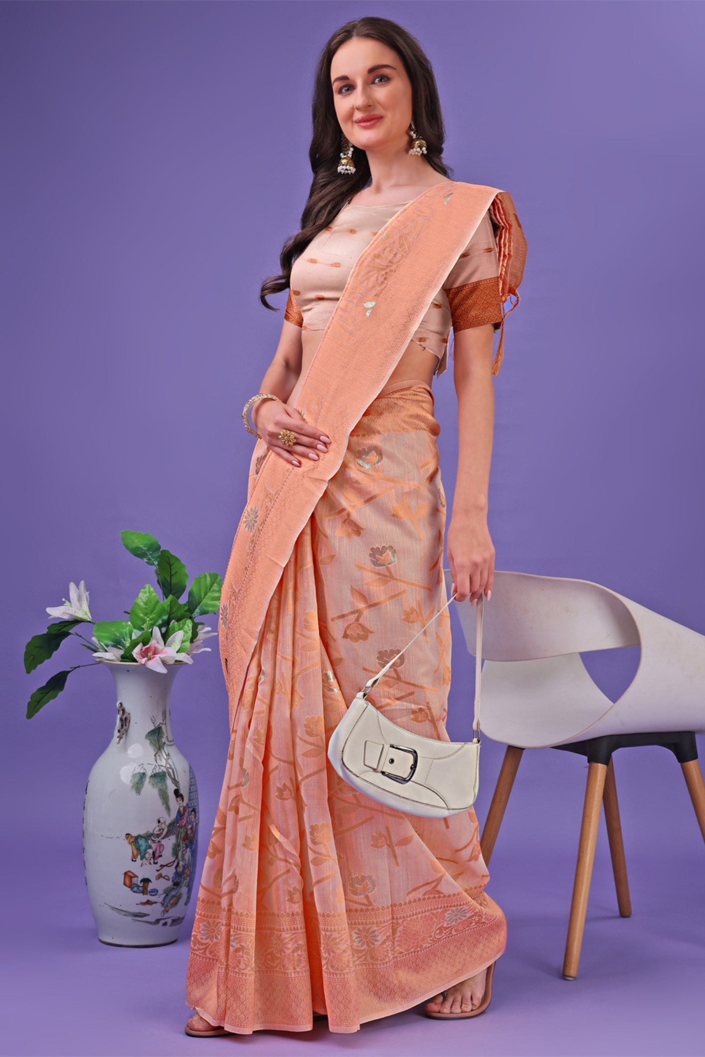 Buy MySilkLove Pum Peach Linen Cotton Saree Online