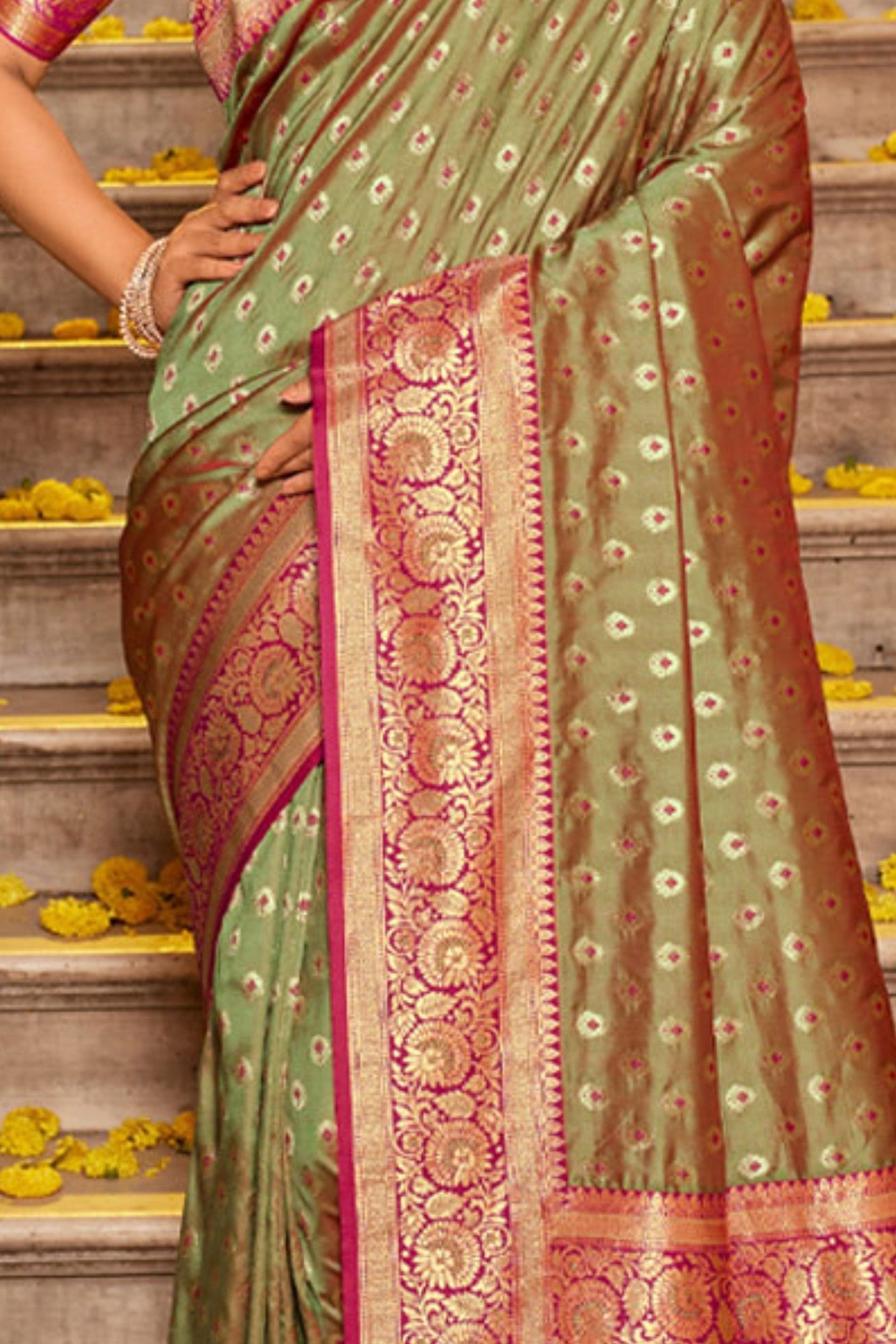 Buy MySilkLove Teak Green Zari Woven Banarasi Saree Online