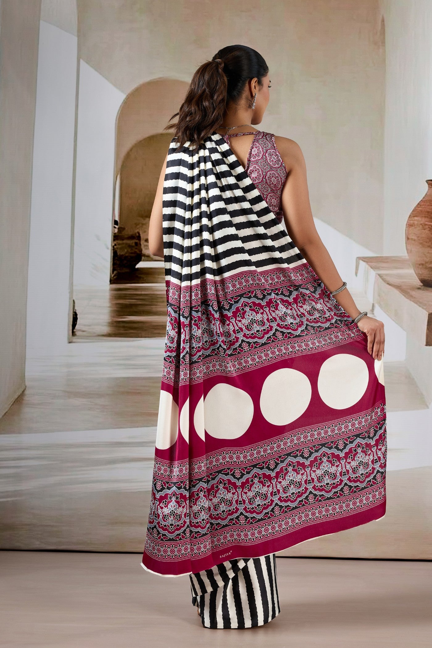 Buy MySilkLove Noir Black Stripe Ajrakh Printed Satin Crepe Silk Saree Online