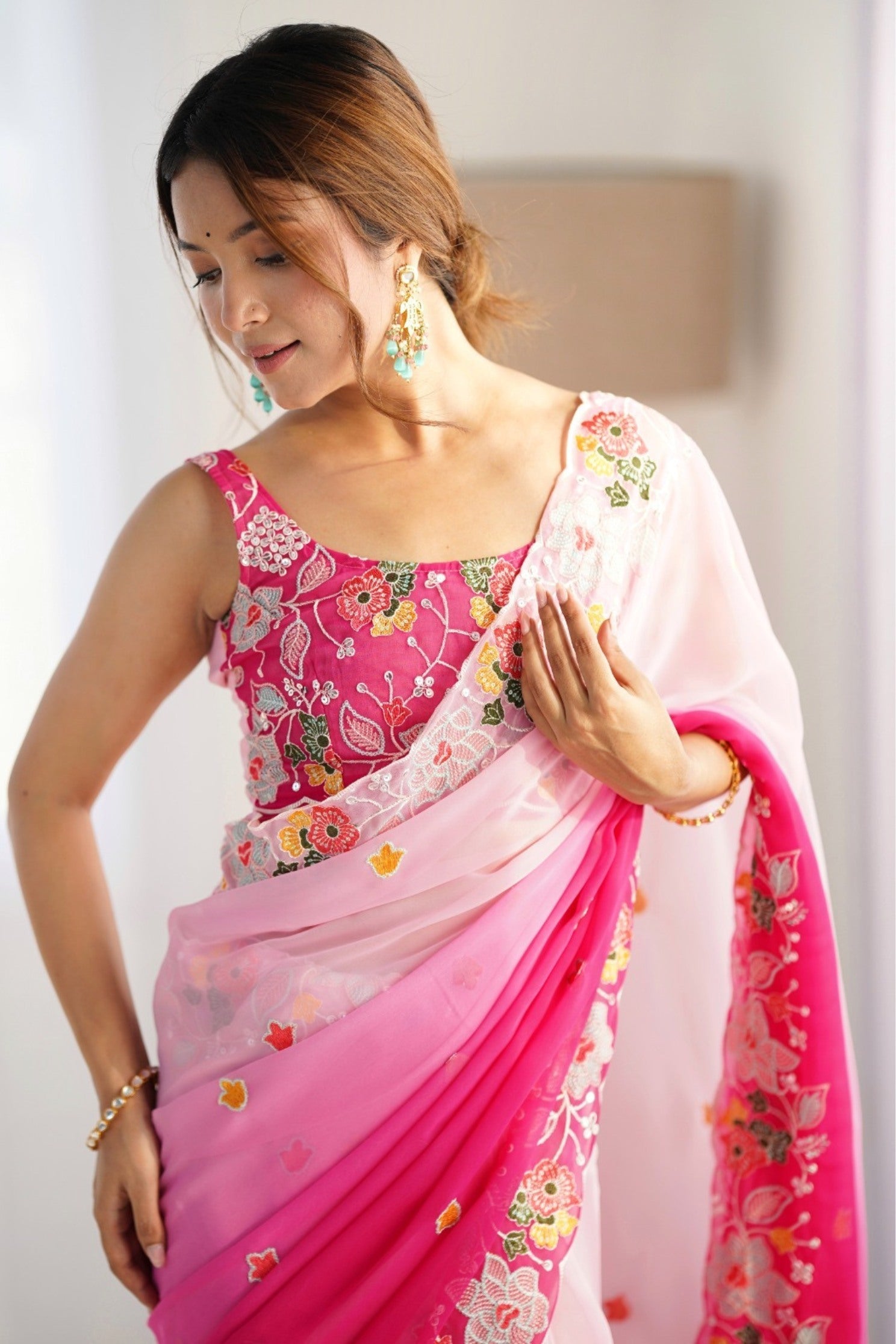 Buy MySilkLove Taffy Pink and White Georgette Saree Online