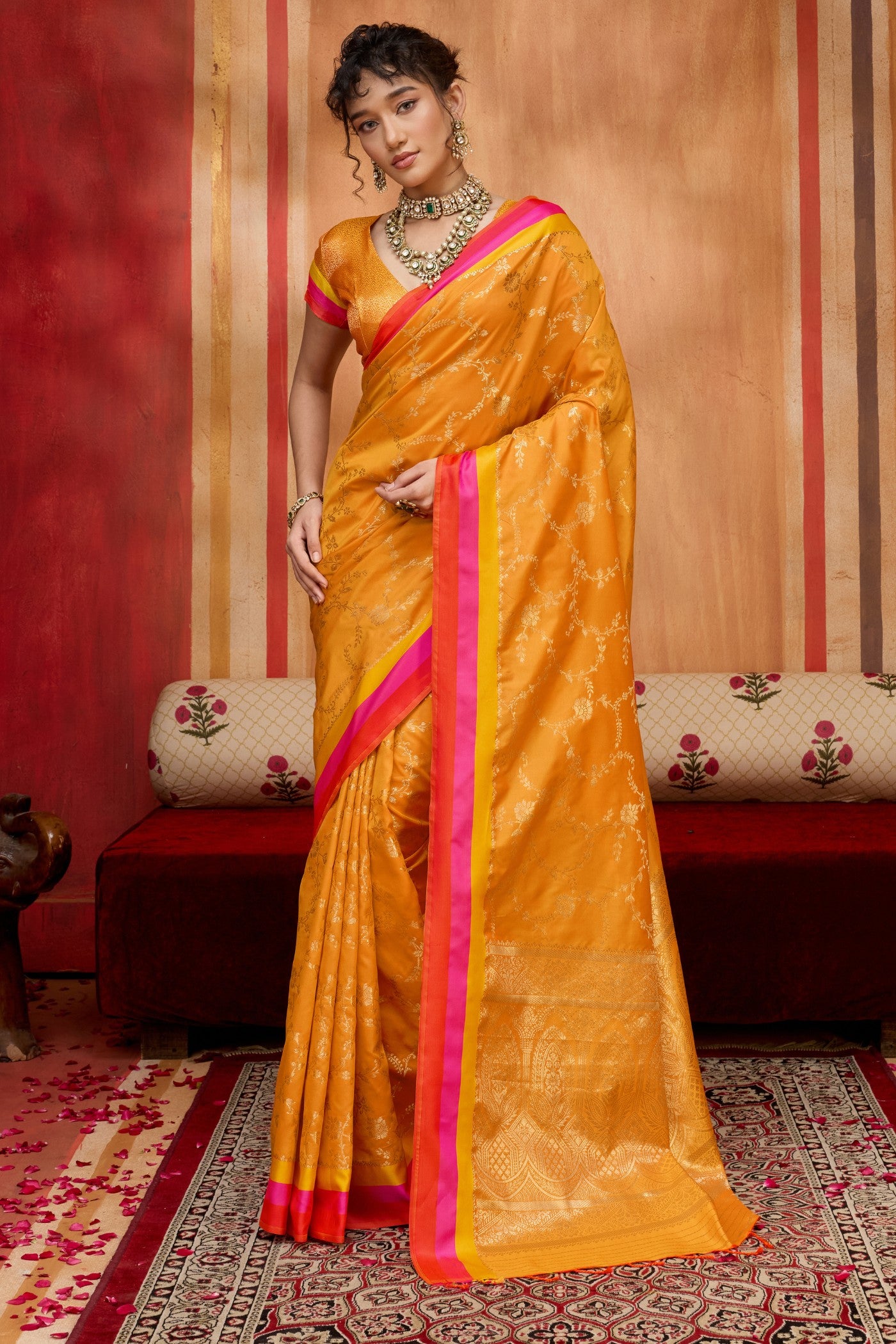 MySilkLove Marigold Orange Handloom Satin Soft Silk Saree