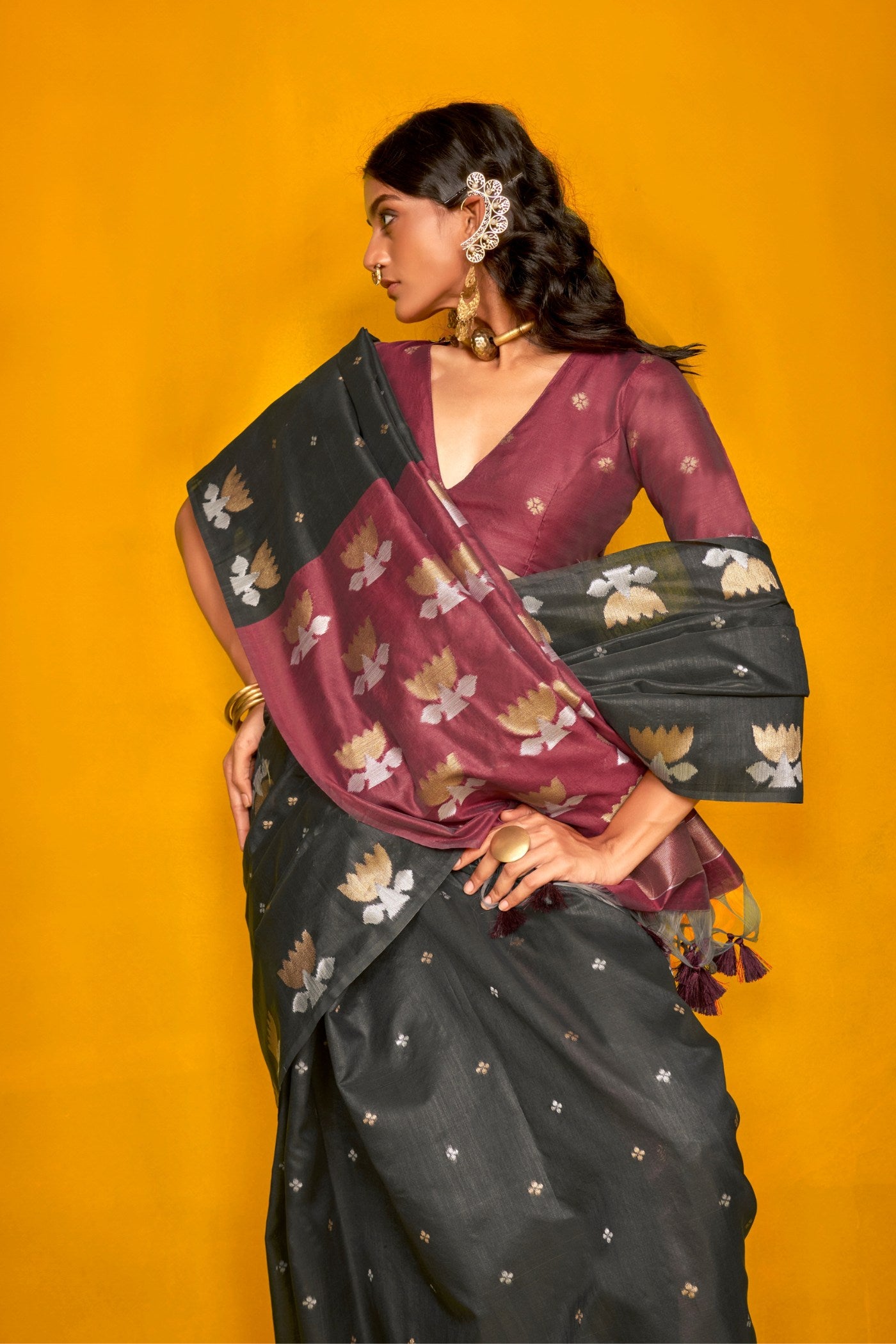 Buy MySilkLove Metal Black Tussar Handloom Silk Saree Online