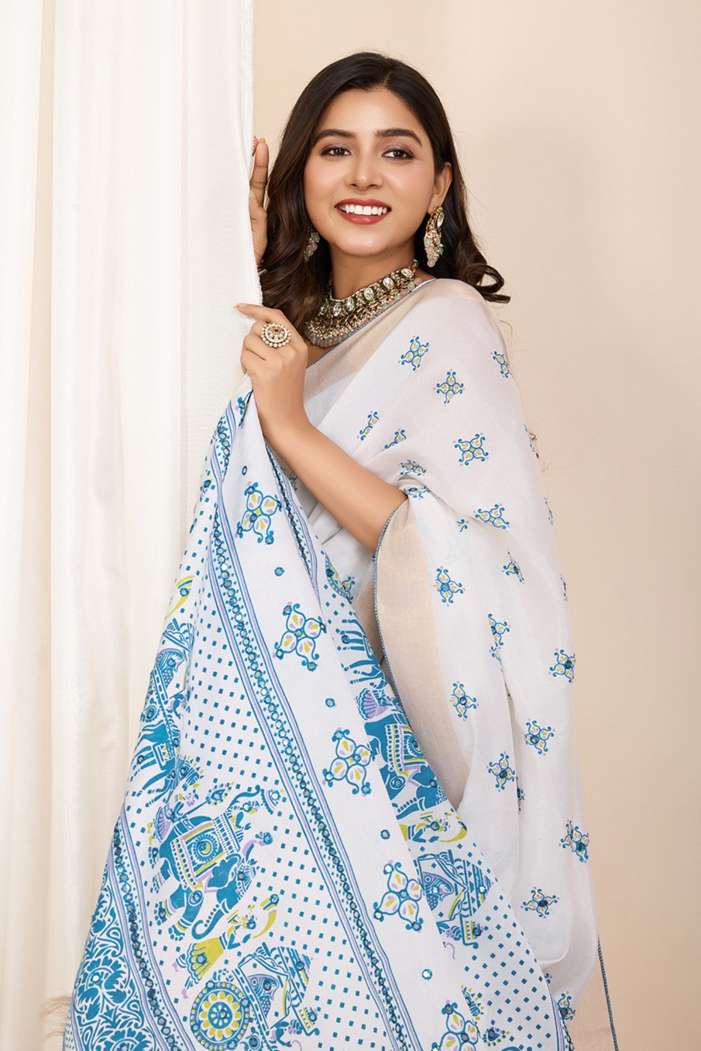 Buy MySilkLove Frost White and Blue Printed Cotton Designer Saree Online