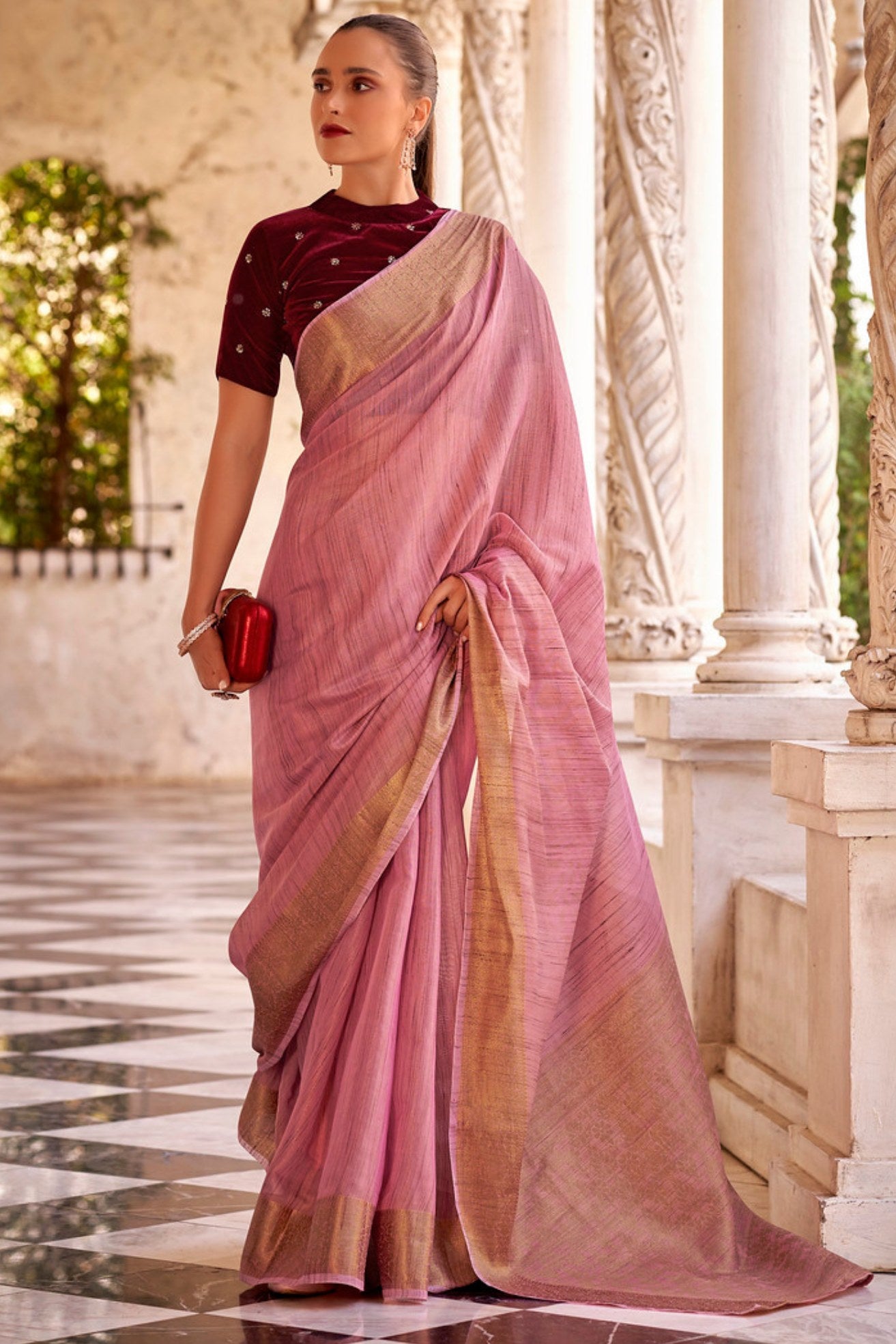 Buy MySilkLove Shimmering Blush Pink Zari Woven Linen Saree Online