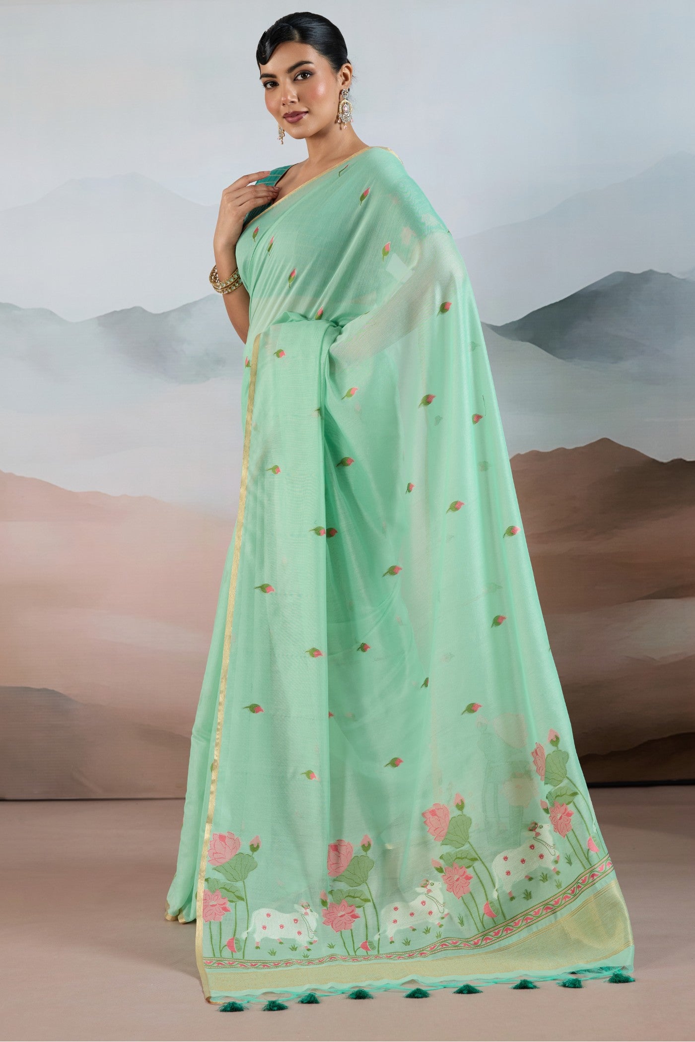Buy MySilkLove Spring Green Cotton Handloom Pichwai Saree Online
