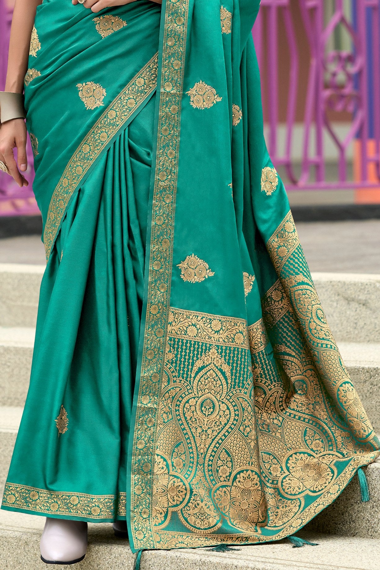 Buy MySilkLove Viridian Green Banarasi Handloom Satin Saree Online