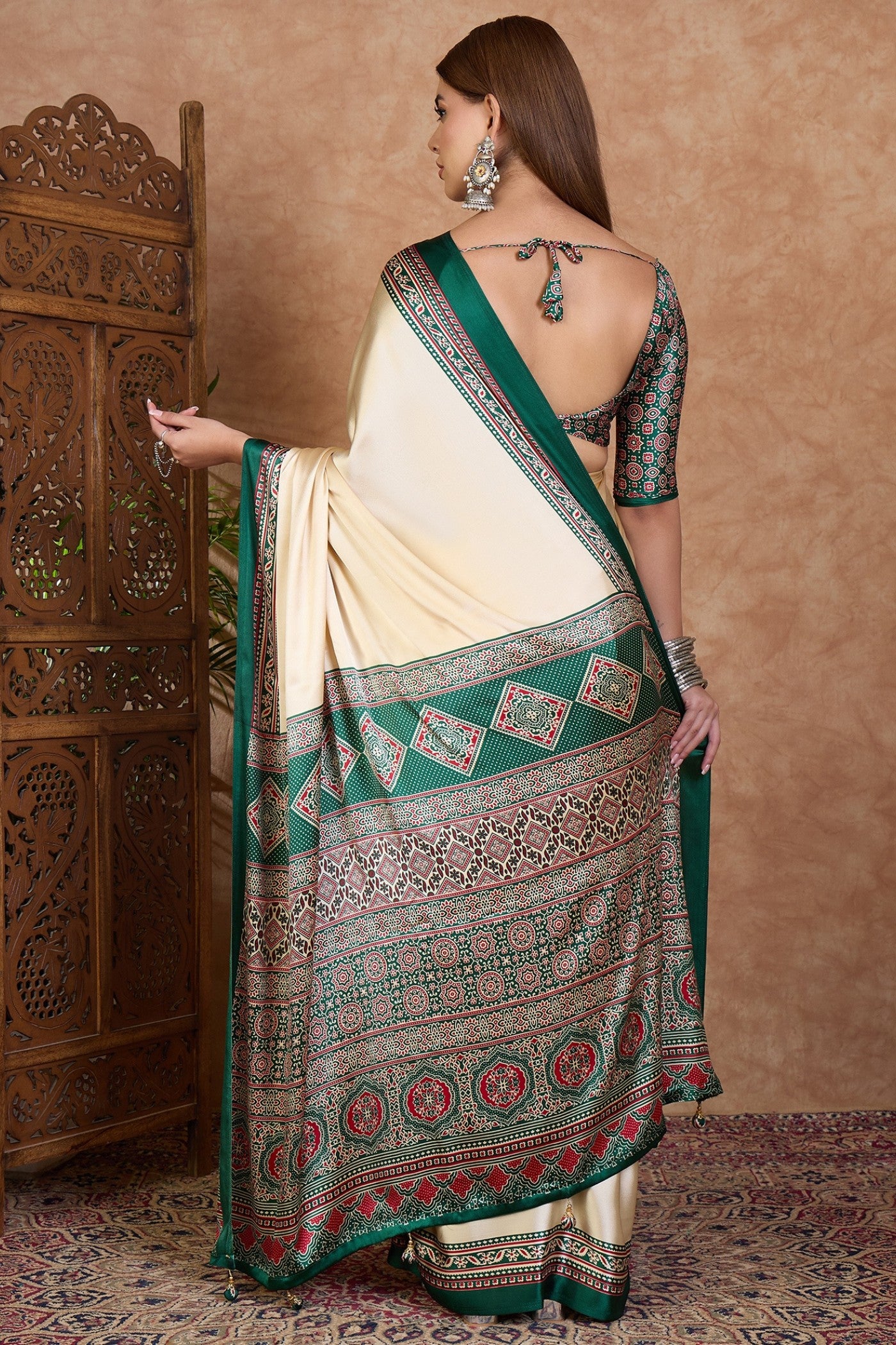 Buy MySilkLove Rice Cream and Green Ajrakh Printed Satin Crepe Silk Saree Online