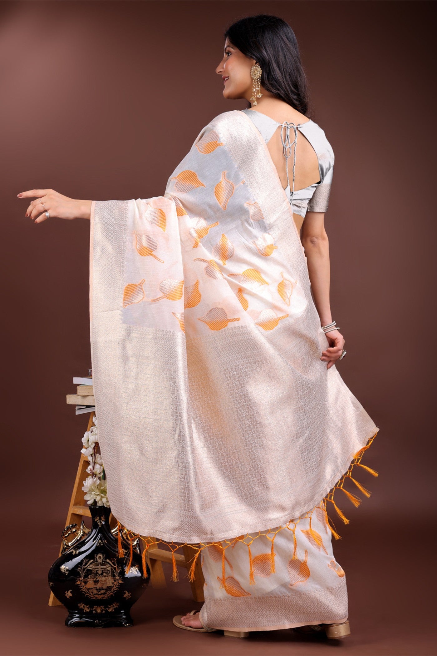 Buy MySilkLove Mogra White and Orange Woven Cotton Saree Online
