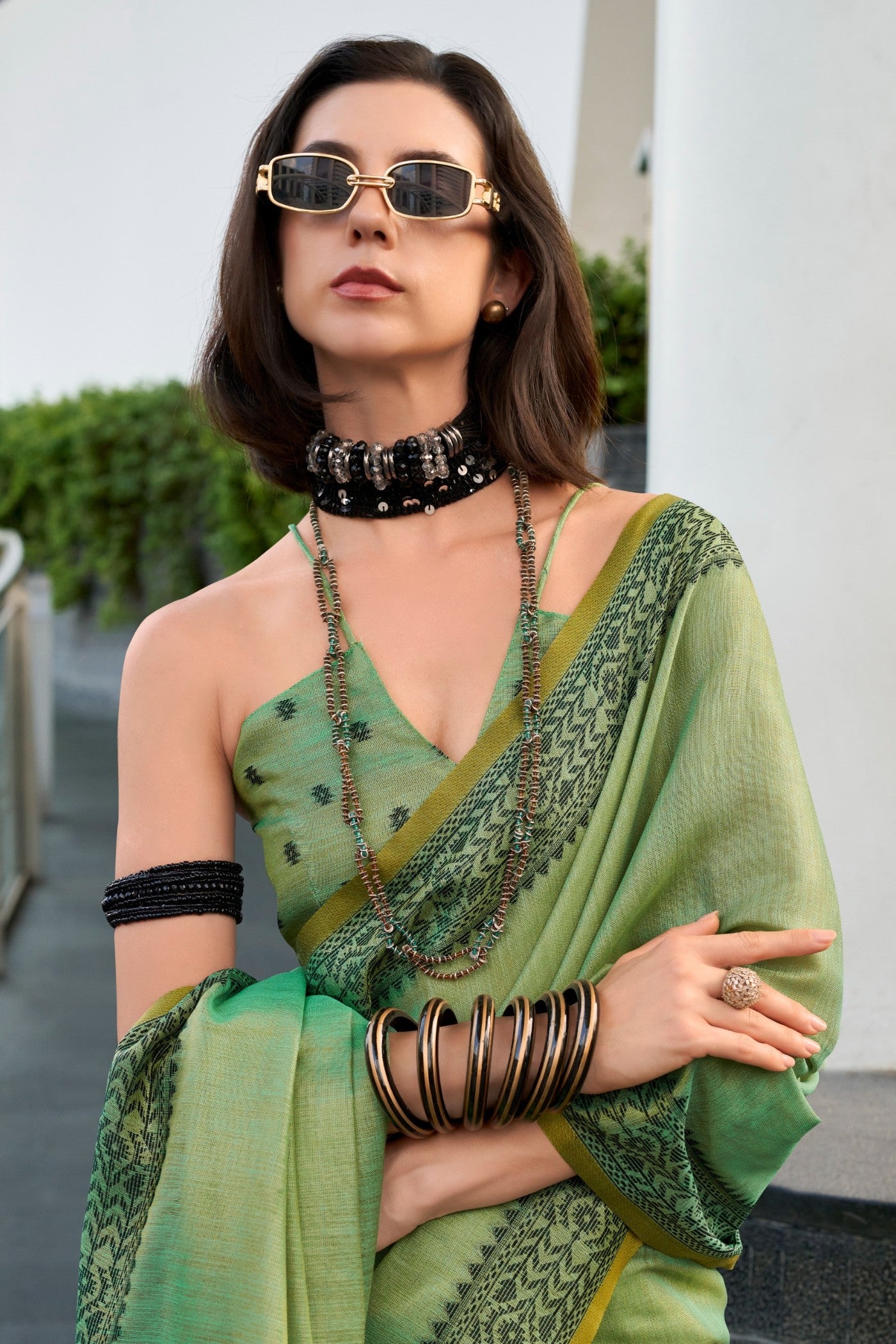 Buy MySilkLove Verdun Green Linen Tissue Silk Saree Online