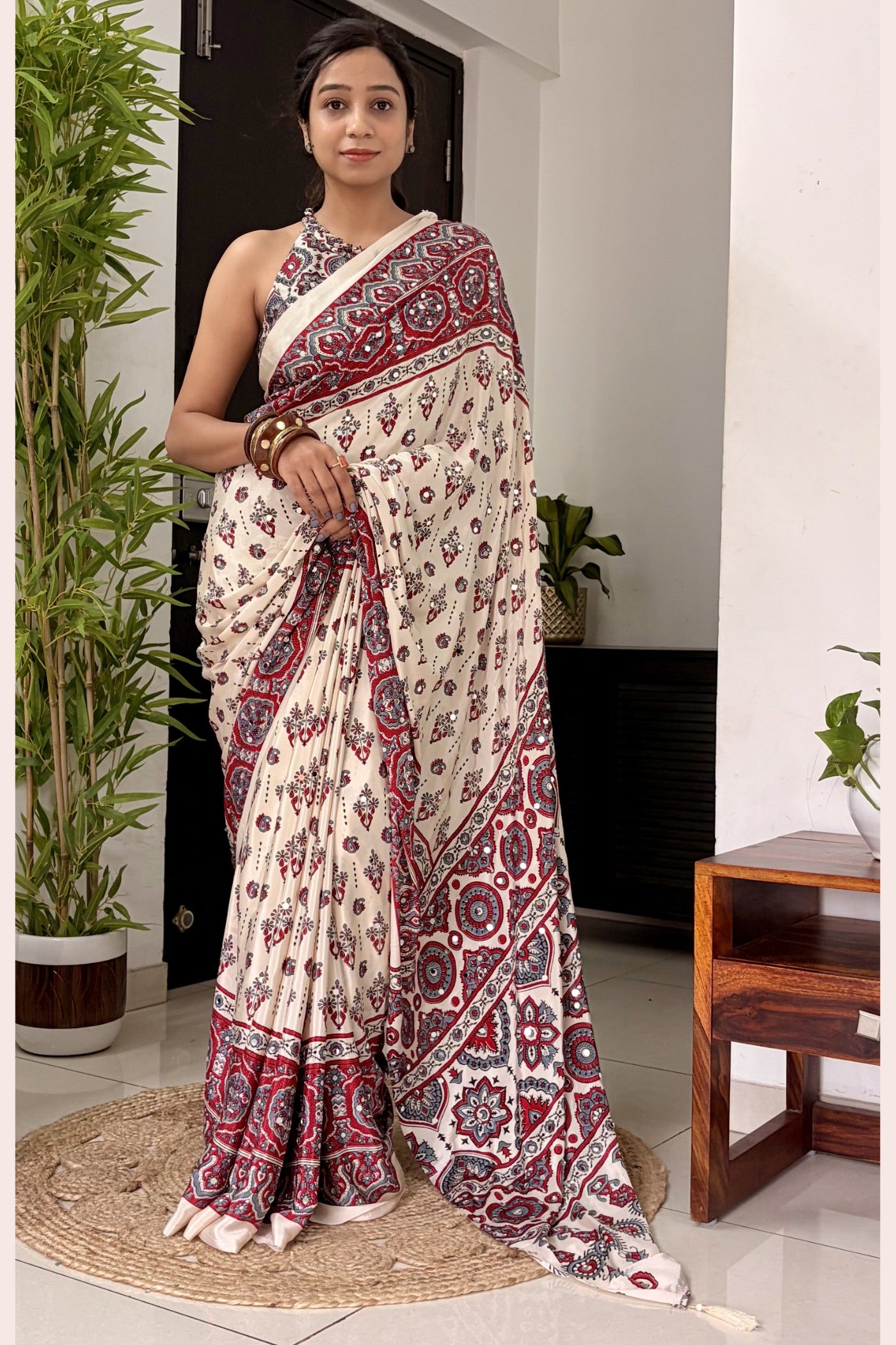 Buy MySilkLove Neutral Beige Modal Ajrakh Satin Printed Mirror Work Saree Online