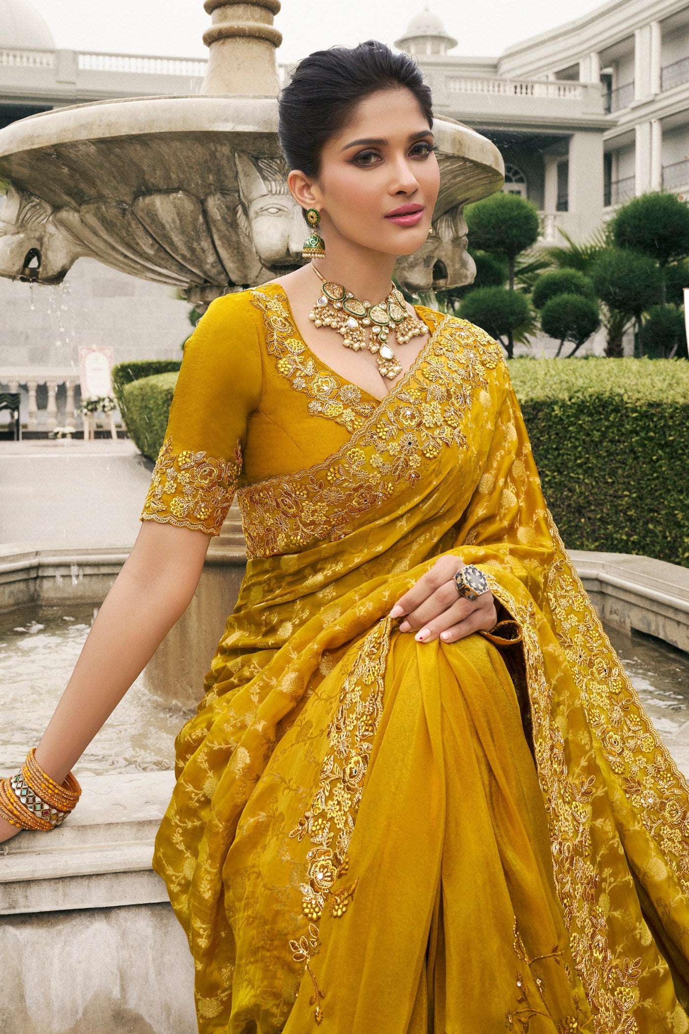 MySilkLove Mango Yellow Banarasi Designer Embroidered Saree