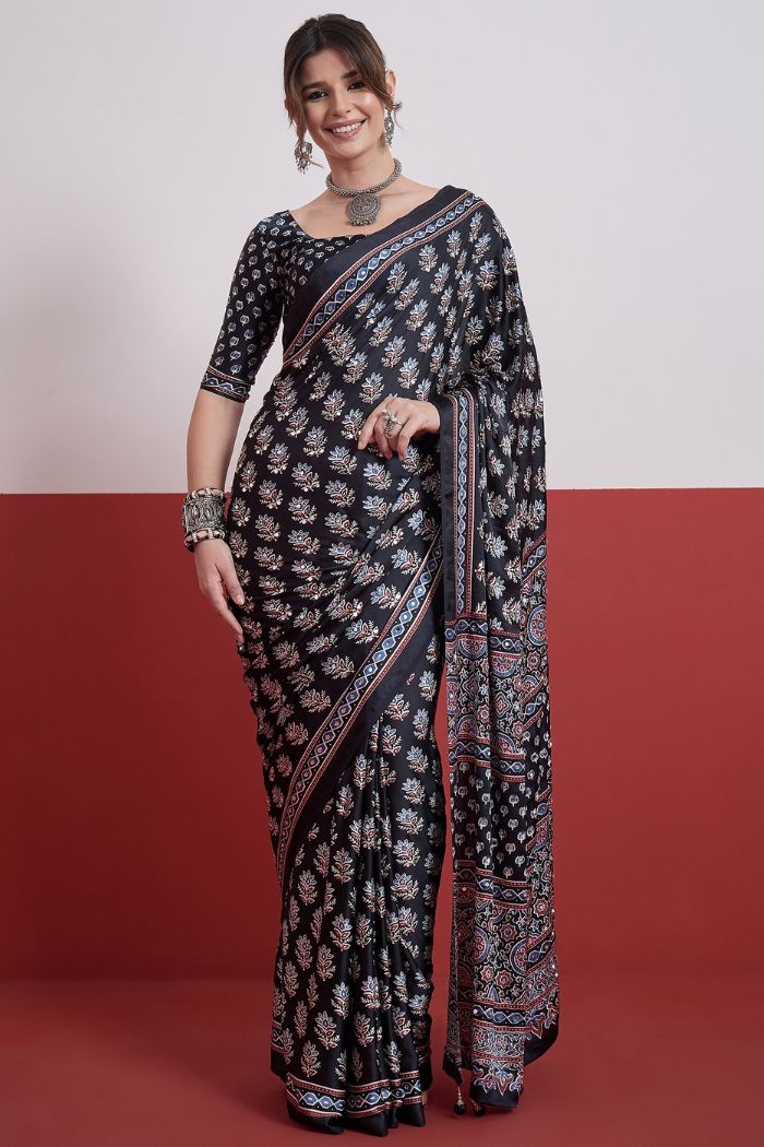 Buy MySilkLove Ebony Black Modal Ajrakh Satin Printed Mirror Work Saree Online