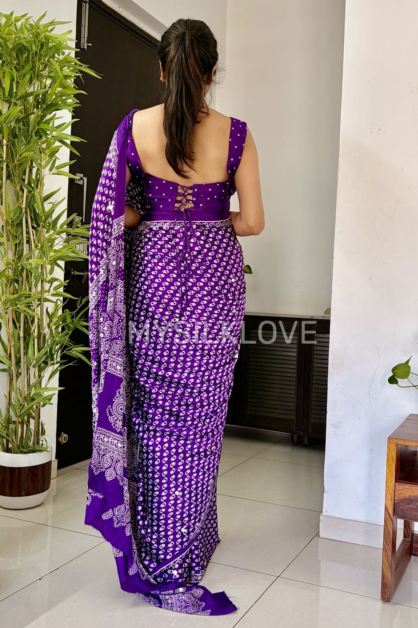 Buy MySilkLove True Purple Modal Ajrakh Satin Printed Mirror Work Saree Online