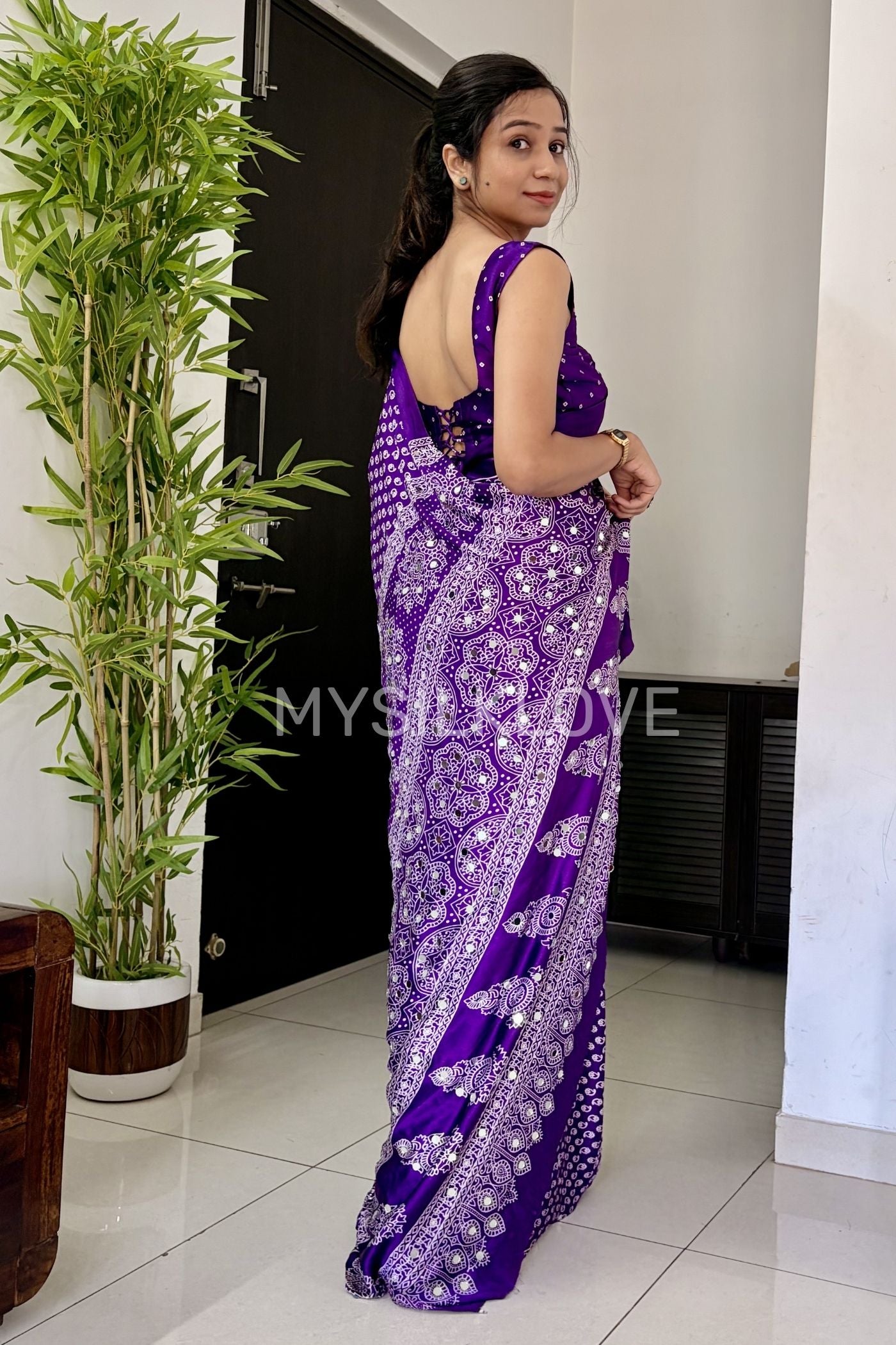 Buy MySilkLove True Purple Modal Ajrakh Satin Printed Mirror Work Saree Online