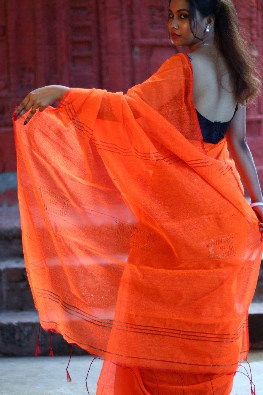 Buy MySilkLove Outrageous Orange Cotton Sequence Chumki Saree Online