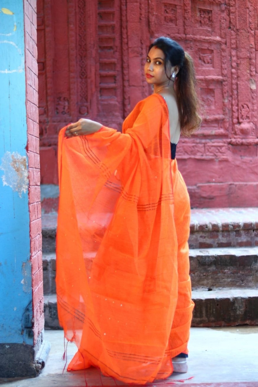 Buy MySilkLove Outrageous Orange Cotton Sequence Chumki Saree Online