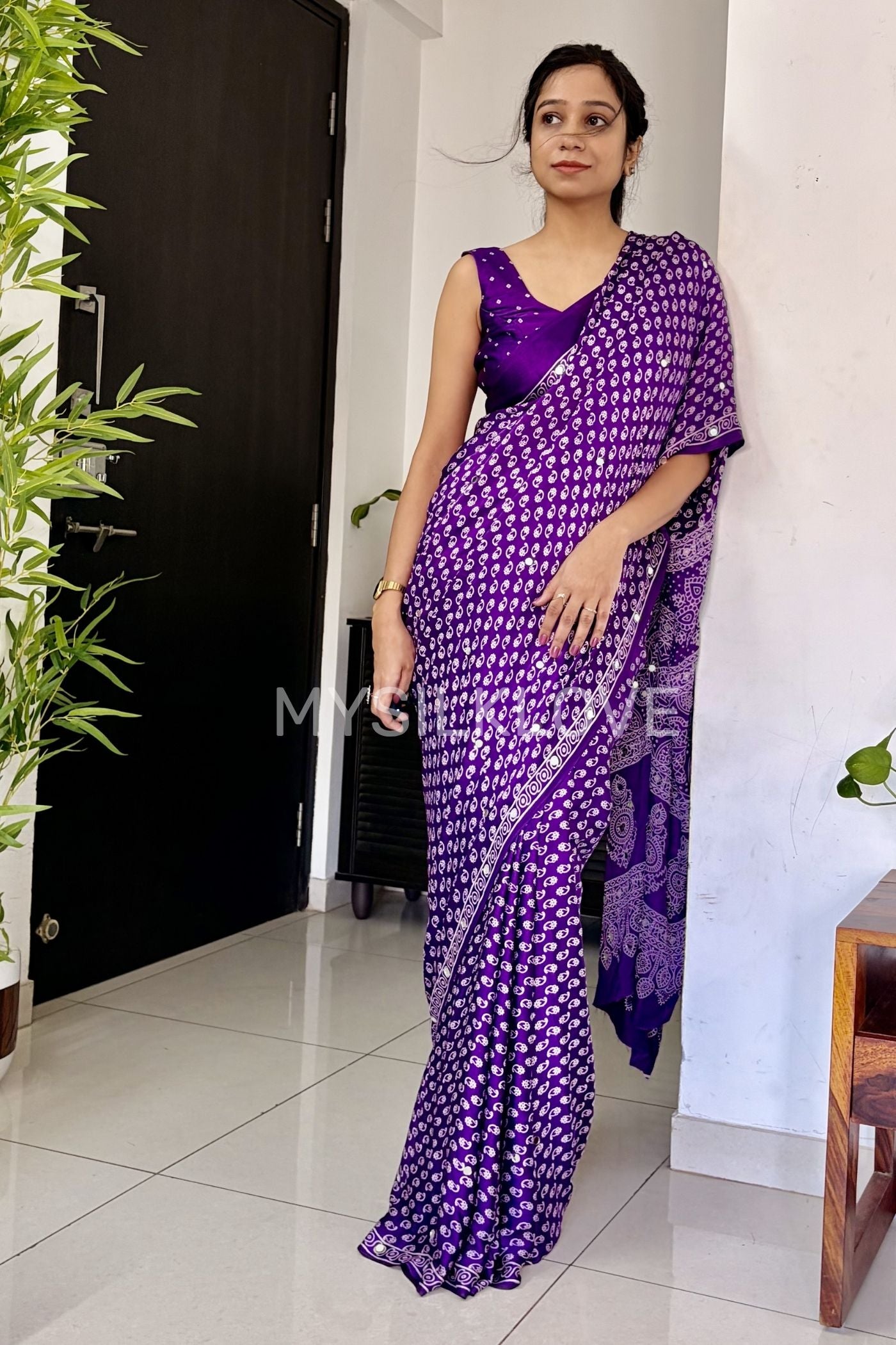 Buy MySilkLove True Purple Modal Ajrakh Satin Printed Mirror Work Saree Online