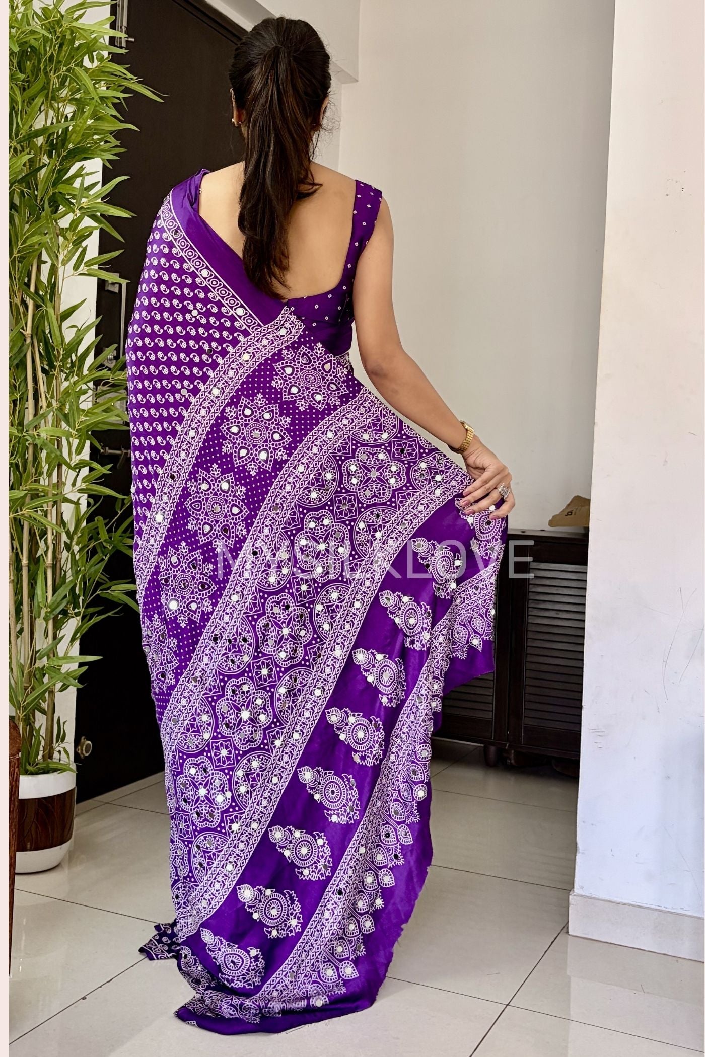 Buy MySilkLove True Purple Modal Ajrakh Satin Printed Mirror Work Saree Online